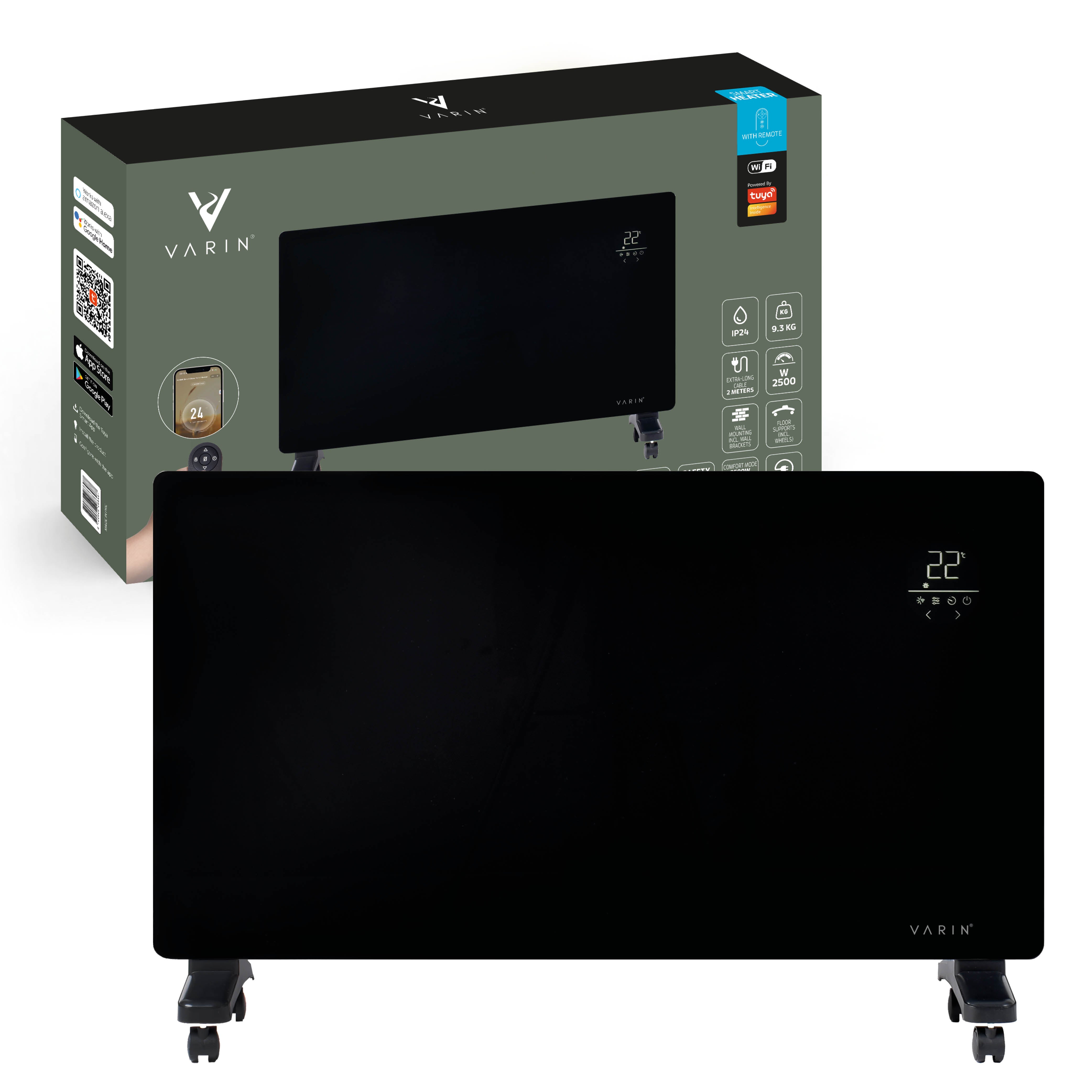 Varin® Smart Design Elektrische kachel - 2500W - 85x55cm - Zwart glas  - IP24 - Tuya Wifi