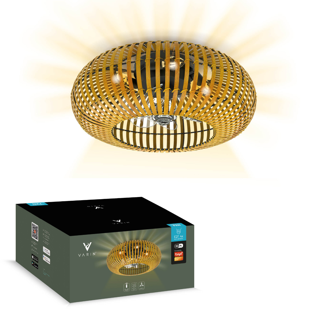 Varin® Smart Plafondlamp met ventilator - Bamboe