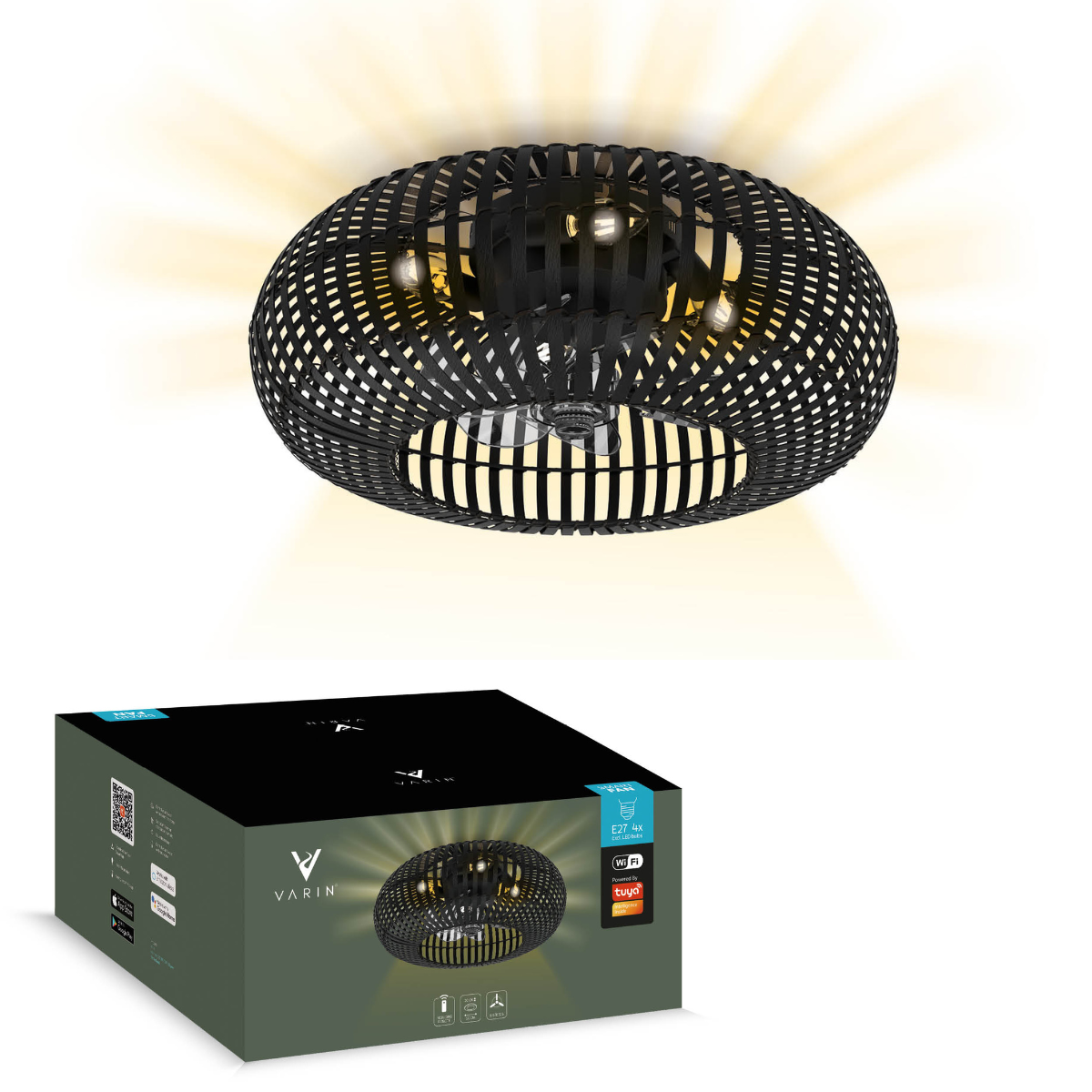 Varin® Smart Plafondlamp met ventilator - Bamboe Zwart