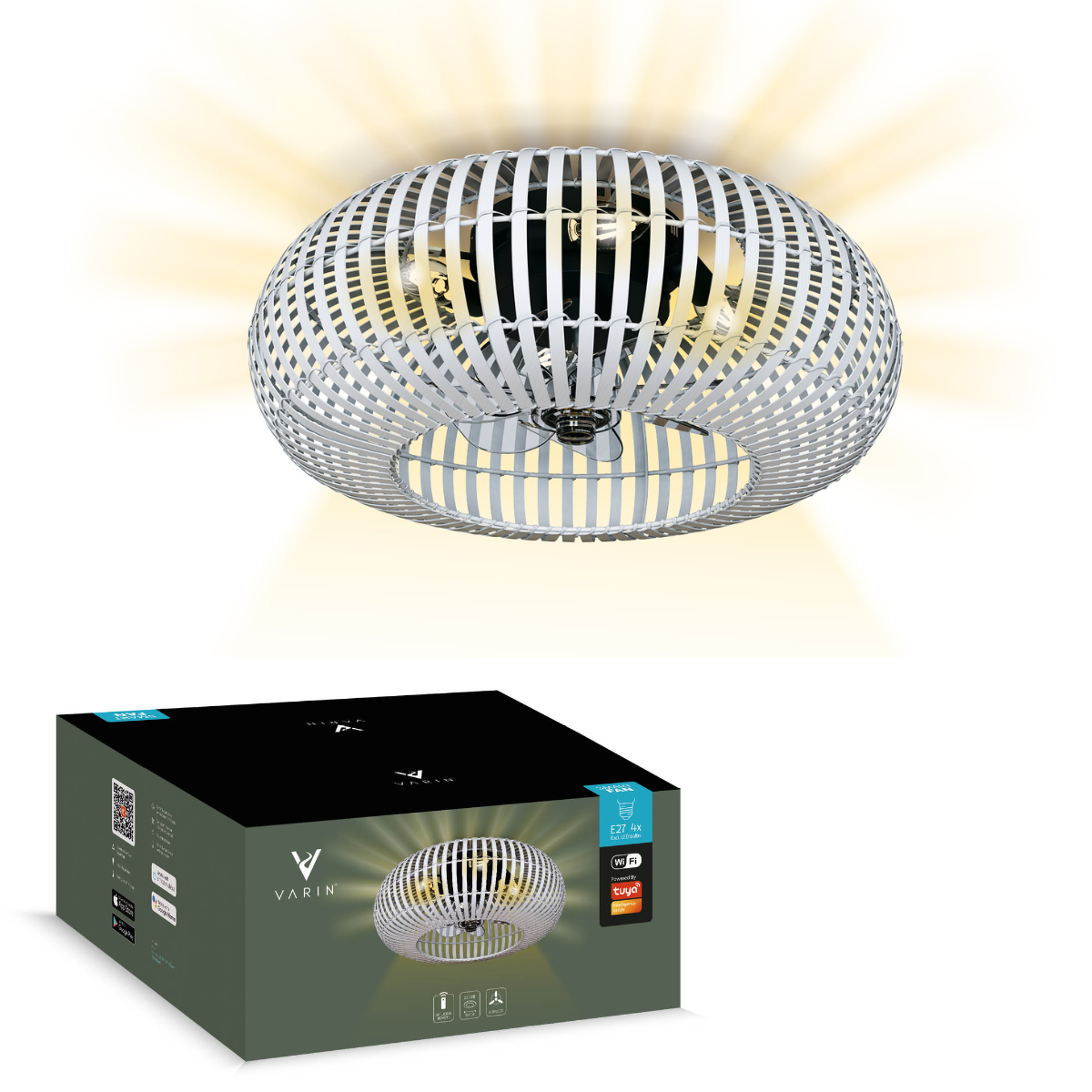 Varin® Smart Plafondlamp met ventilator - Bamboe Wit