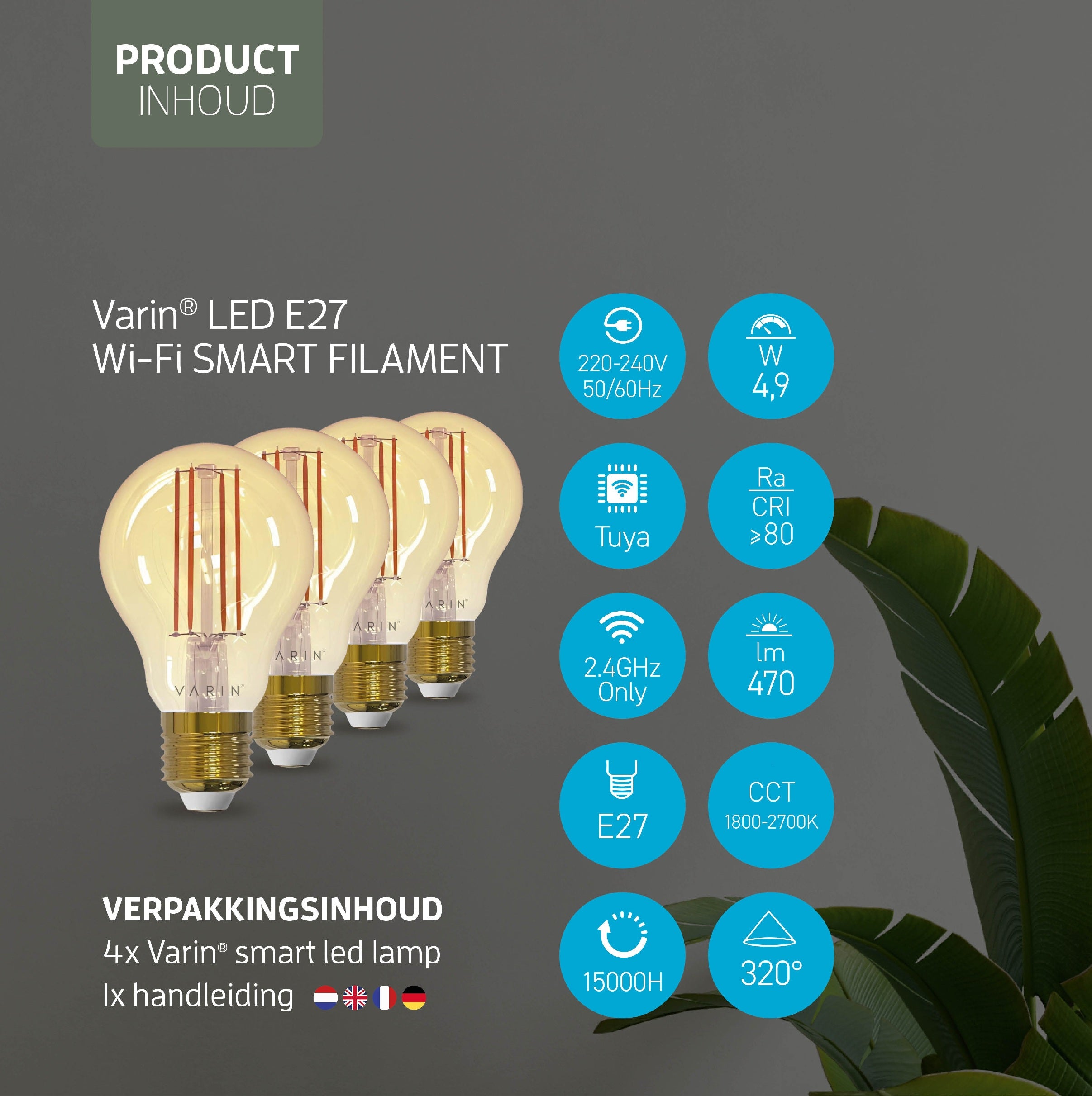 Varin Smart Wifi LED Filament Lamp E27 - 5W - A60 - Extra warm white - 1800-2700K (CCT) - Tuya - 3 Pack