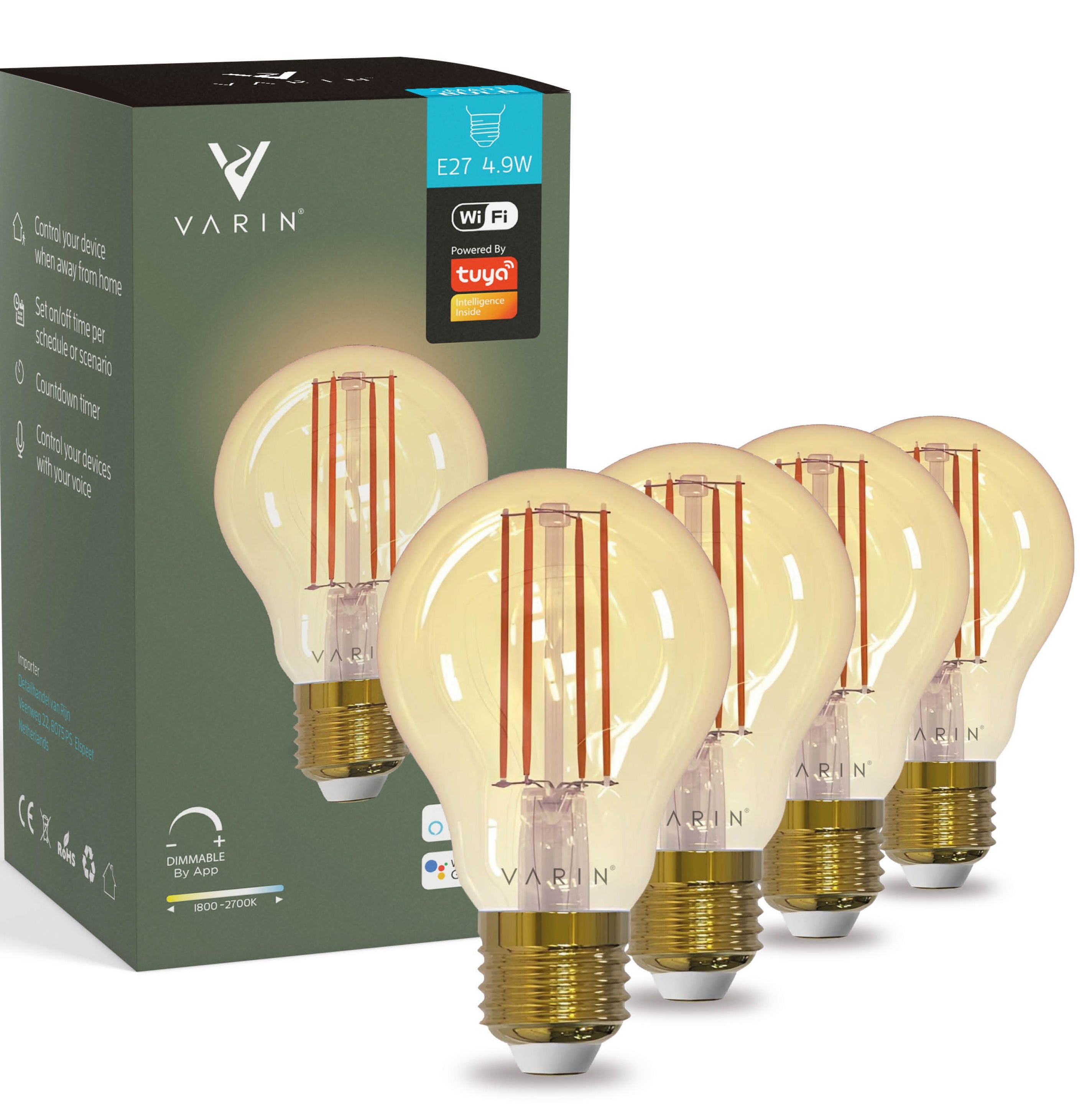 Varin Smart Wifi LED Filament Lamp E27 - 5W - A60 - Extra warm white - 1800-2700K (CCT) - Tuya - 3 Pack