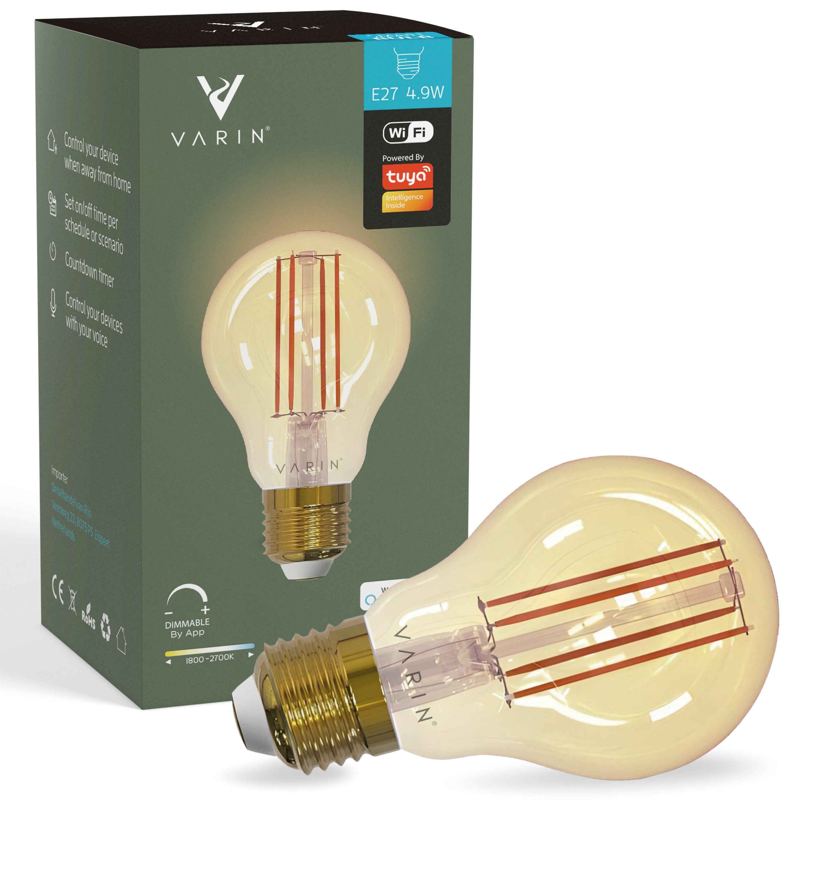 Varin Smart Wifi Tafellamp - Zwarte kap  - 38cm hoog - incl. LED filament lamp E27 - Tuya