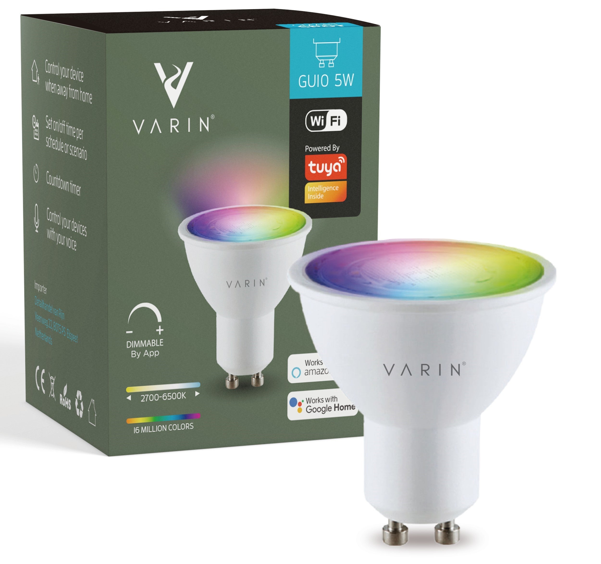 Varin Smart Wifi LED Spot GU10 - 5W - RGB + CCT - 2700-6500K - Tuya