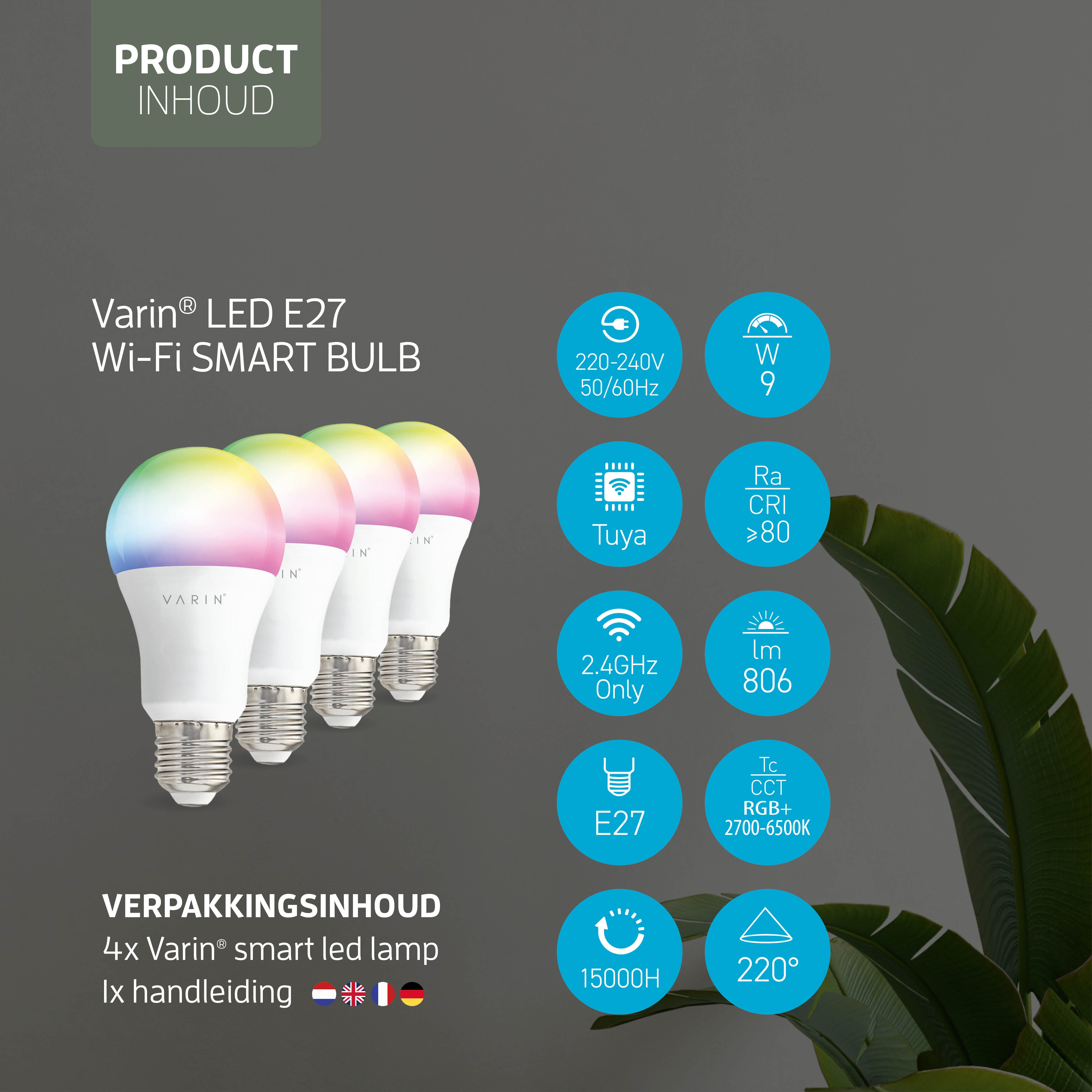 Varin Smart Wifi LED Lamp E27 - 9W - A60 - RGBW (CCT) - 2700-6500K - Tuya - 3 Pack