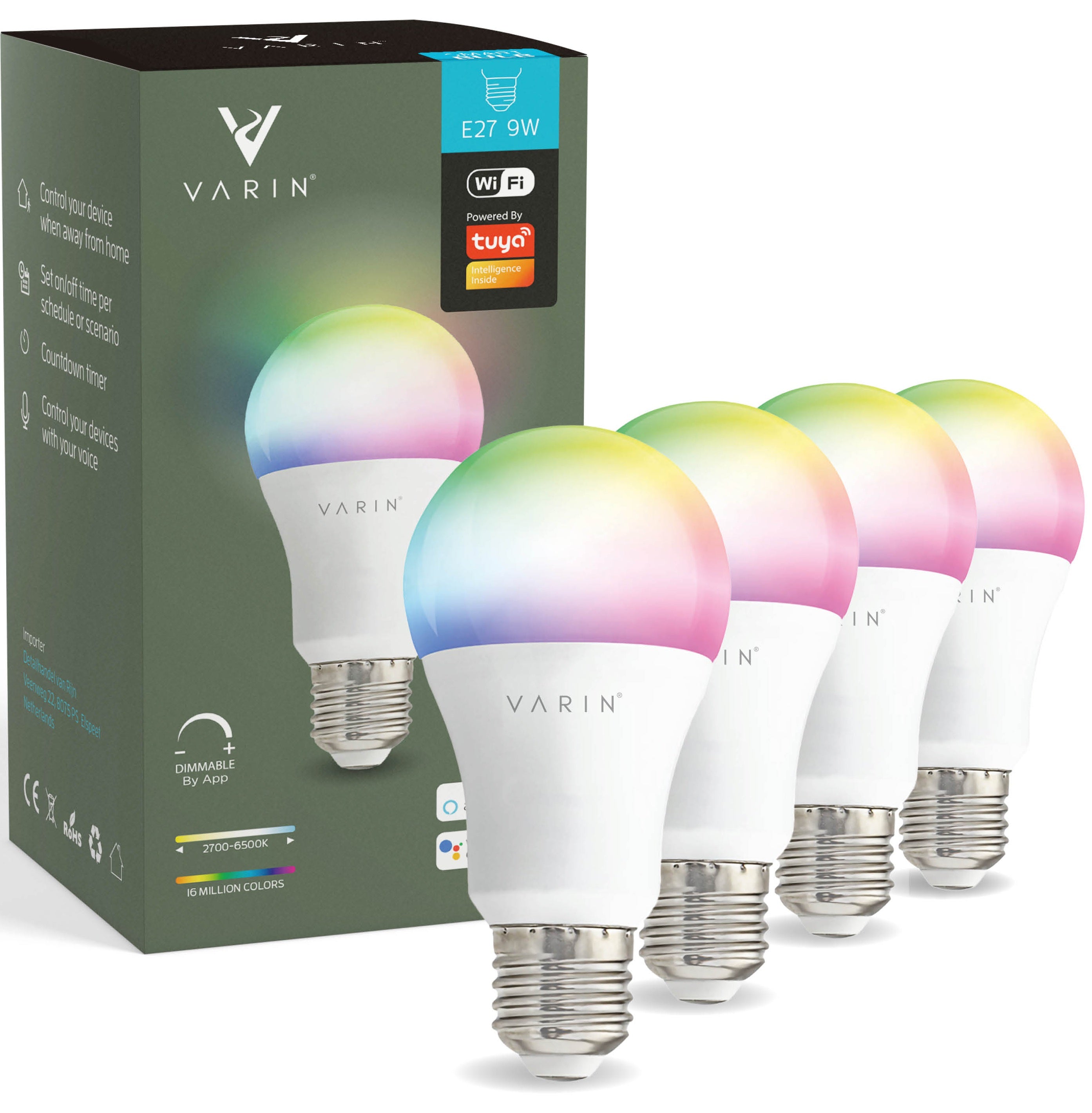 Varin Smart Wifi LED Lamp E27 - 9W - A60 - RGBW (CCT) - 2700-6500K - Tuya - 3 Pack