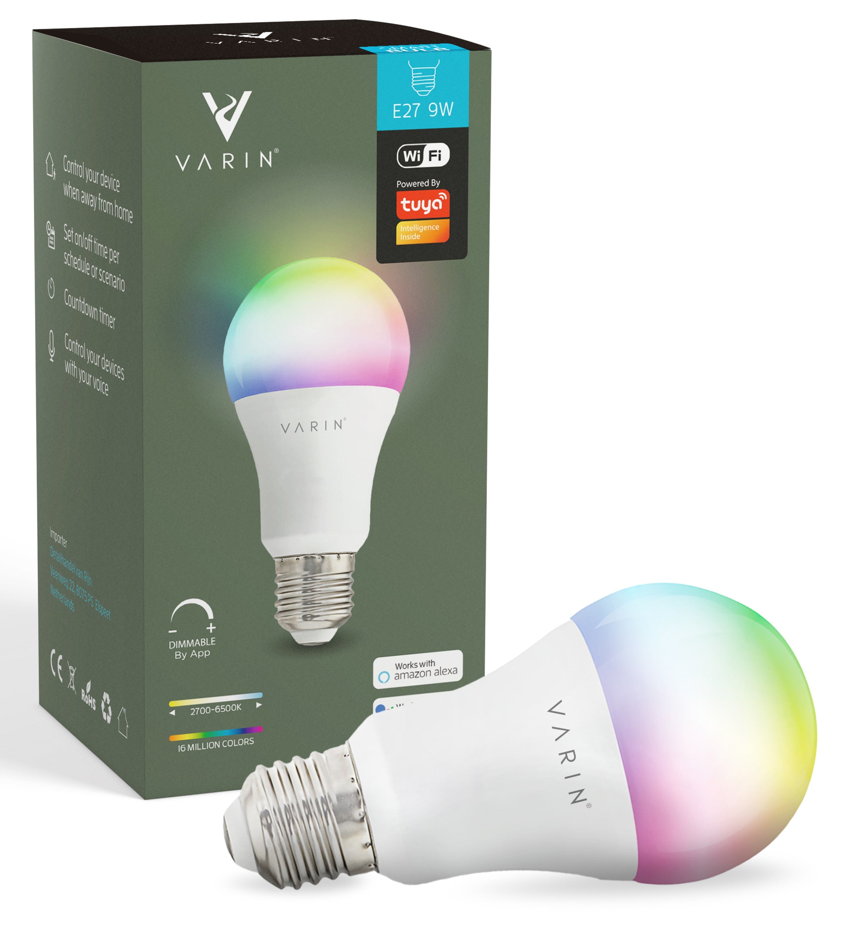 Varin Smart Wifi LED Lamp E27 - 9W - A60 - RGB + CCT - 2700-6500K - Tuya