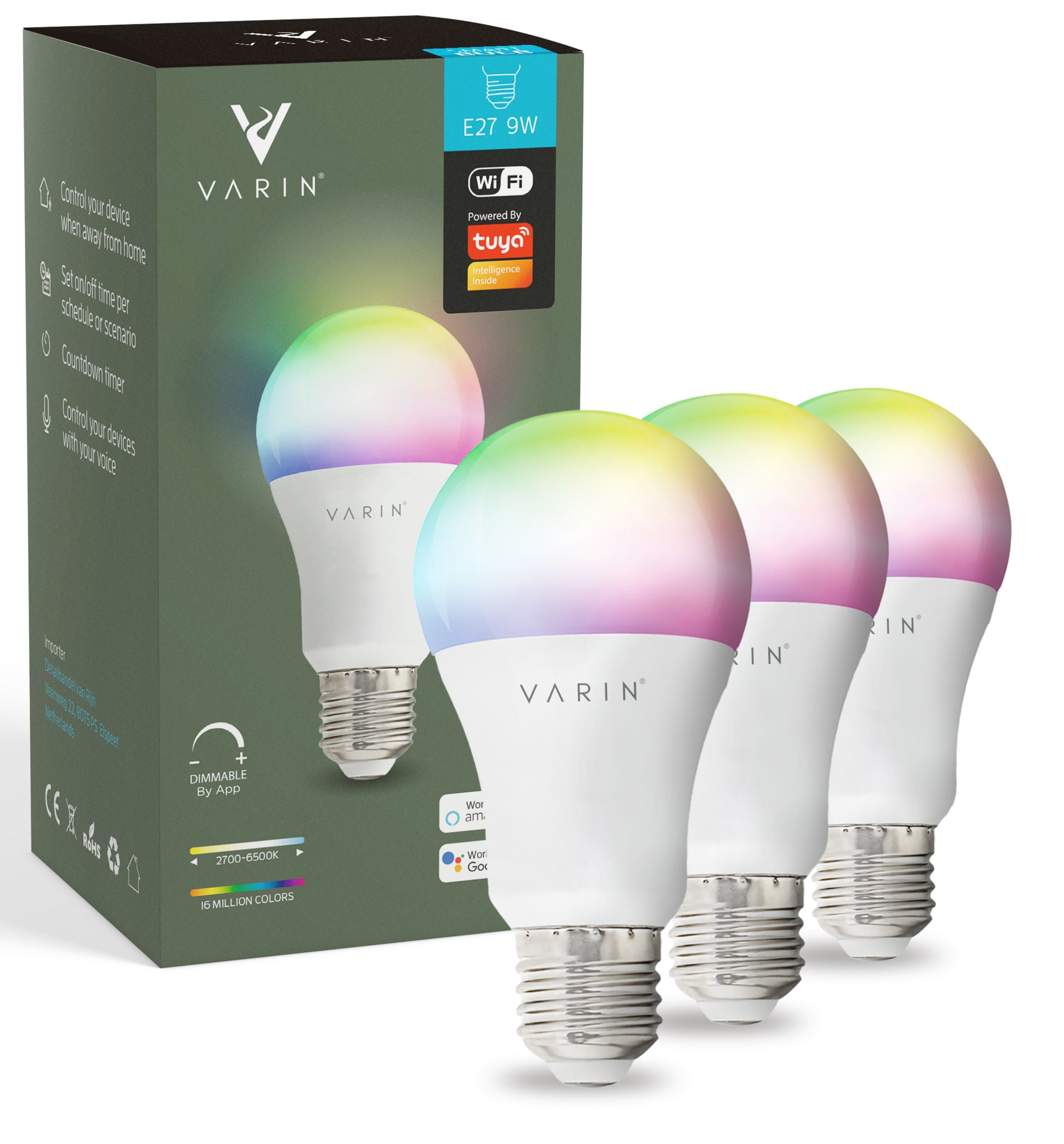 Varin Smart Wifi LED Lamp E27 - 9W - A60 - RGB + CCT - 2700-6500K - Tuya - 3 Pack