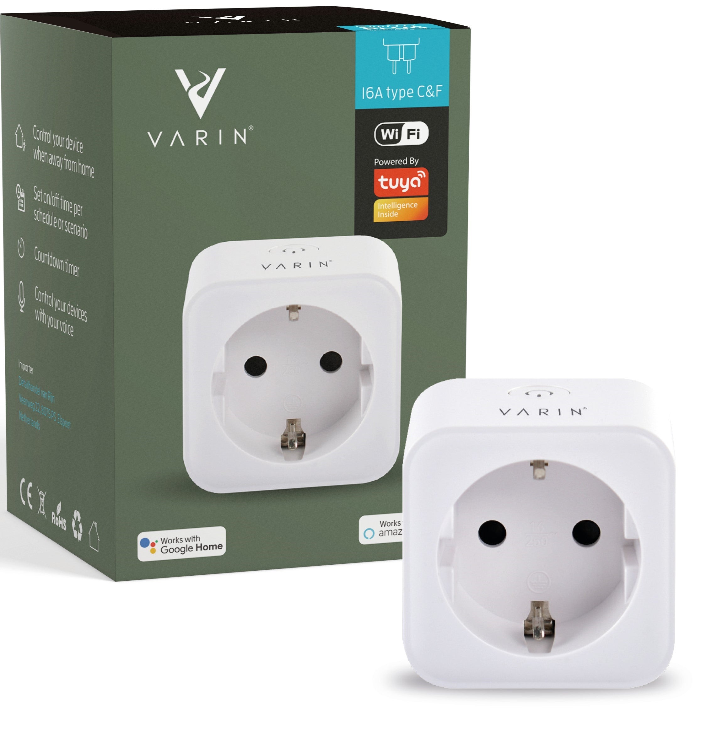 Varin Smart Wifi Plug met ernergiemeter - 16A - Type C&F - Tuya