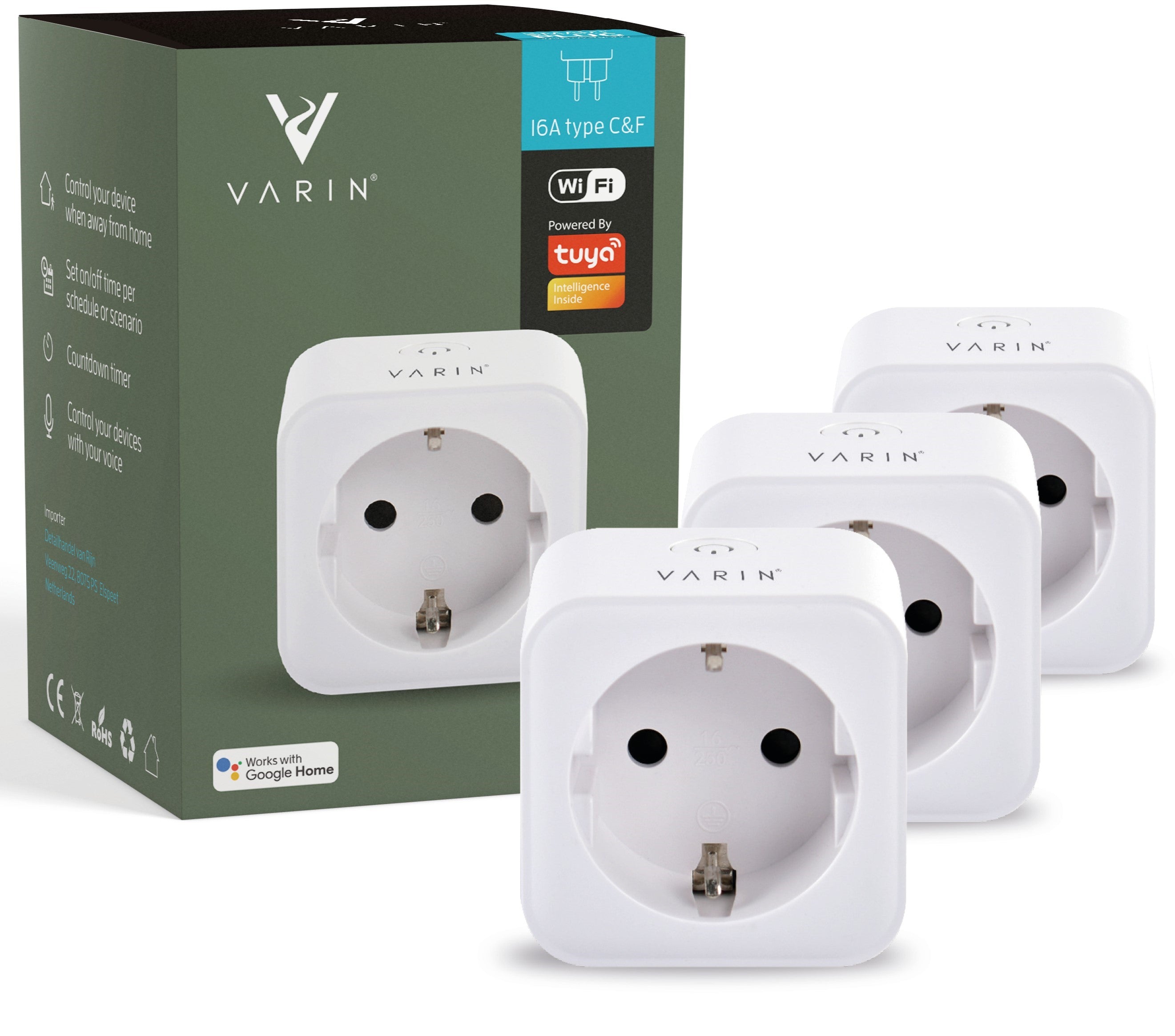 Varin Smart Wifi Plug met ernergiemeter - 16A - Type C&F - Tuya - 3 Pack