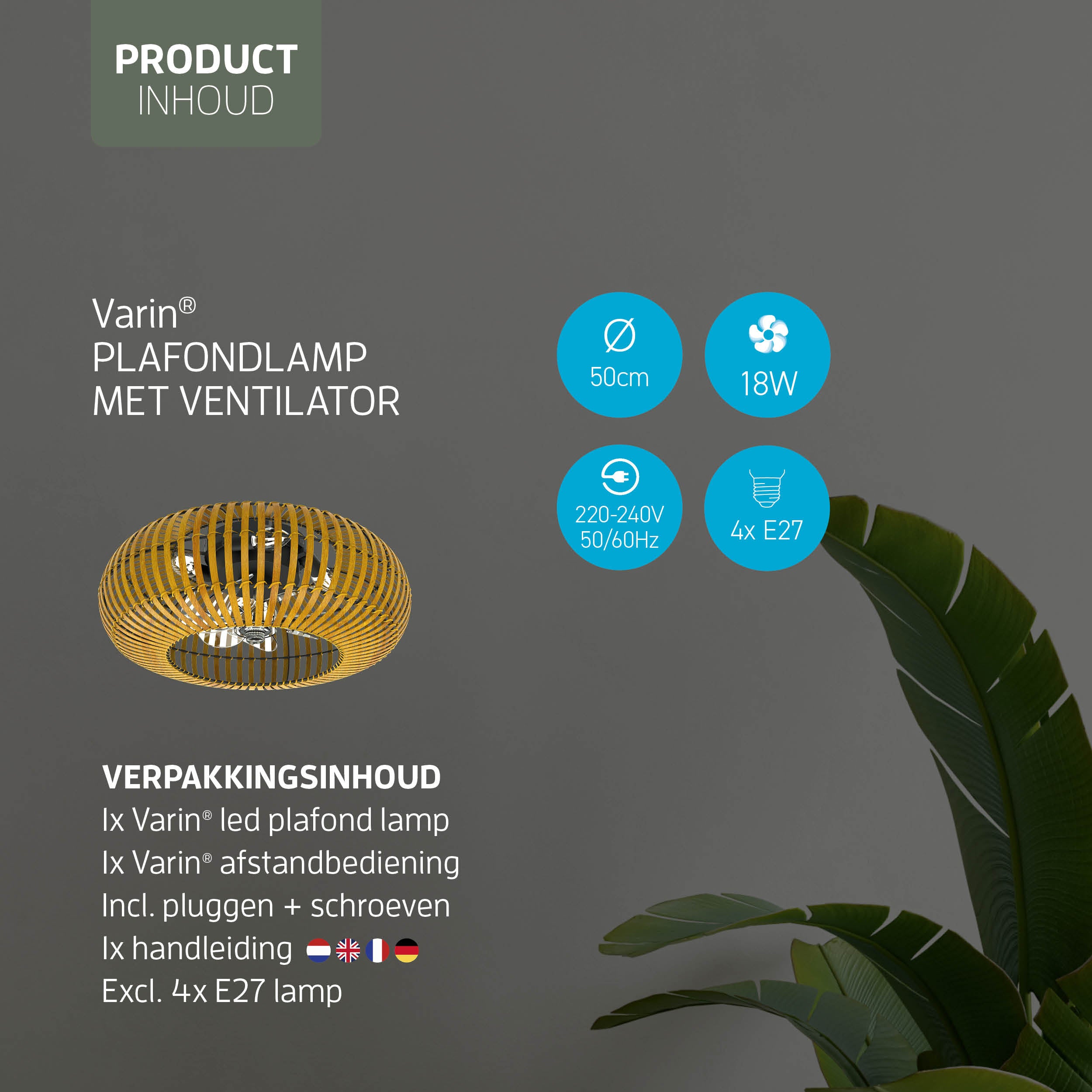 Varin® Smart Plafondlamp met ventilator - Bamboe