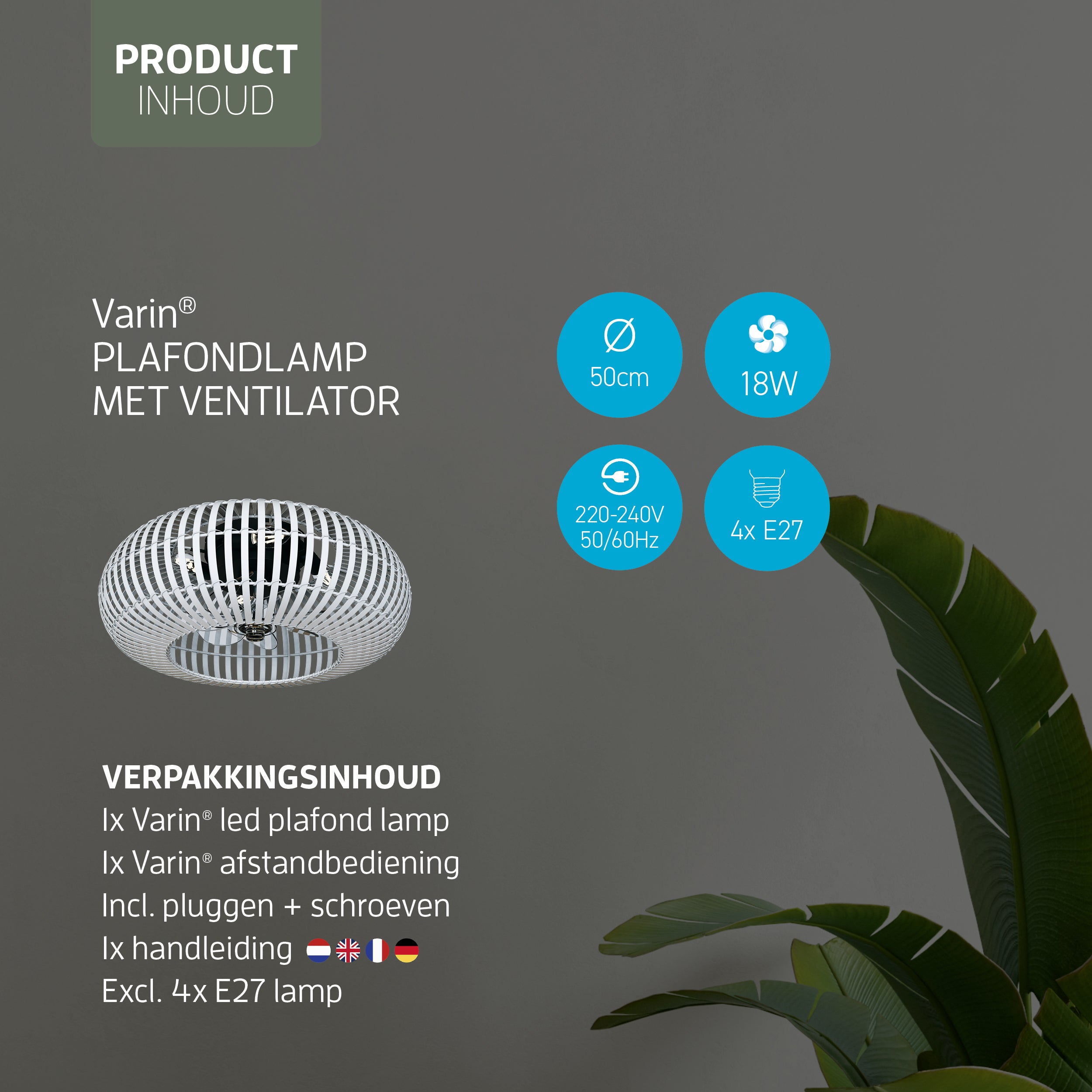 Varin® Smart Plafondlamp met ventilator - Bamboe Wit