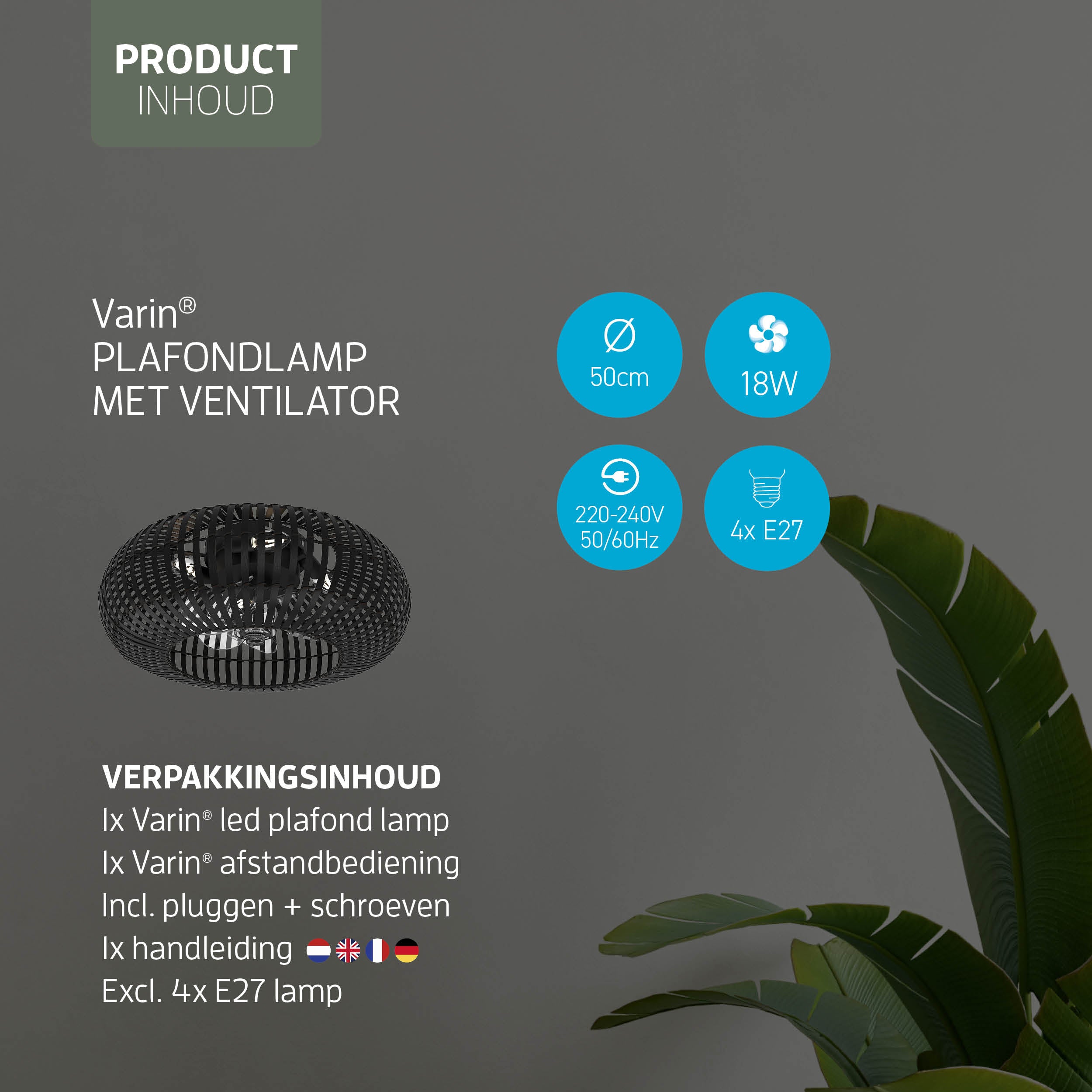 Varin® Smart Plafondlamp met ventilator - Bamboe Zwart