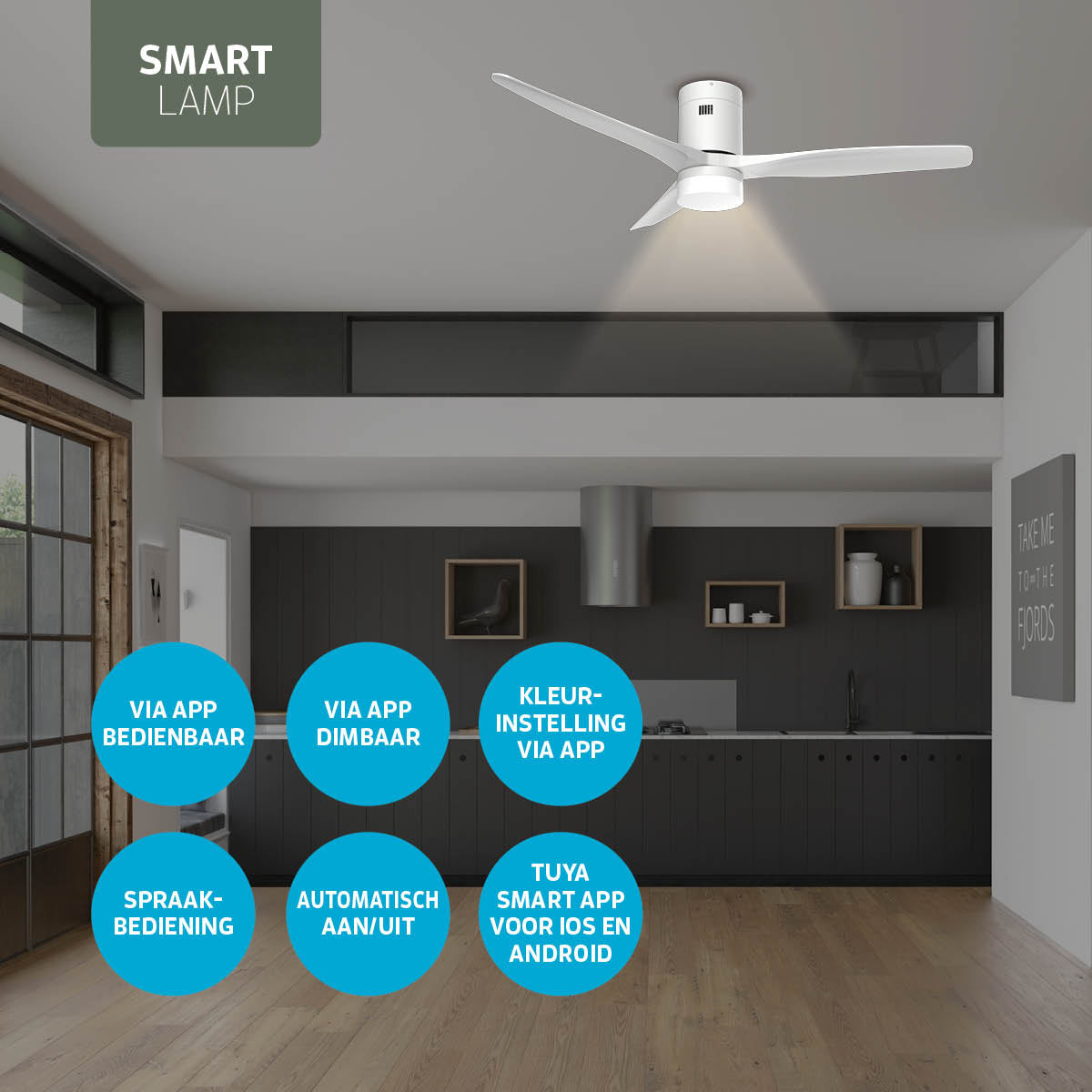 Smart Plafondventilator (hout) met Verlichting - Wit - 132cm - WiFi
