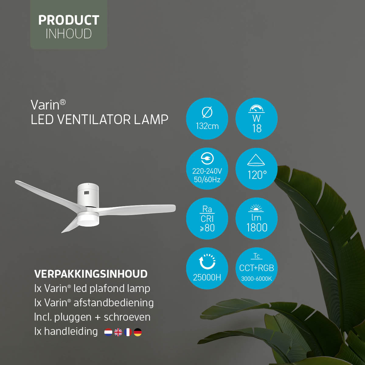 Smart Plafondventilator (hout) met Verlichting - Wit - 132cm - WiFi