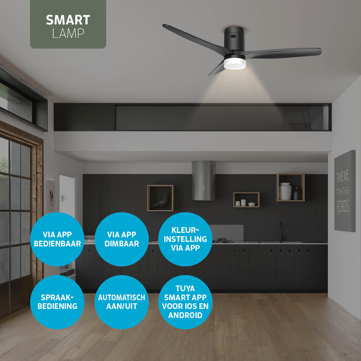 Smart Plafondventilator (hout) met Verlichting - Zwart - 132cm - WiFi