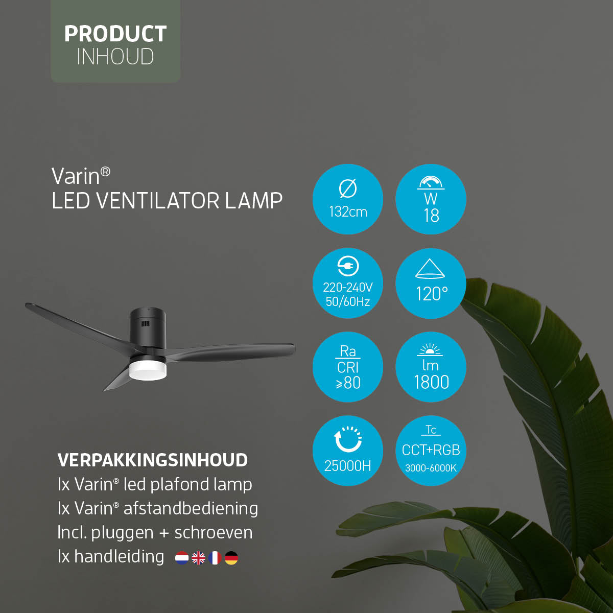 Smart Plafondventilator (hout) met Verlichting - Zwart - 132cm - WiFi
