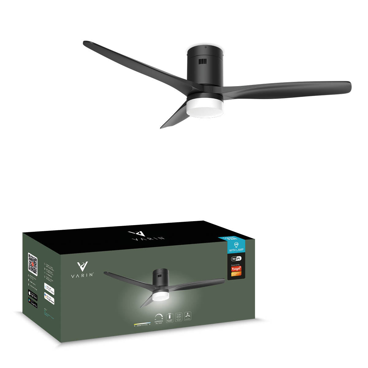 Smart Plafondventilator (hout) met Verlichting - Zwart - 132cm - WiFi