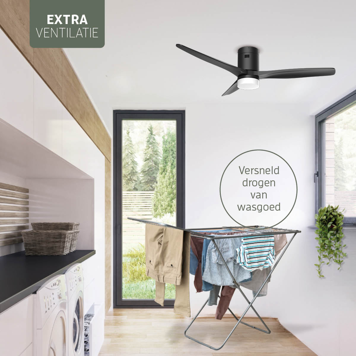 Smart Plafondventilator (hout) met Verlichting - Zwart - 132cm - WiFi