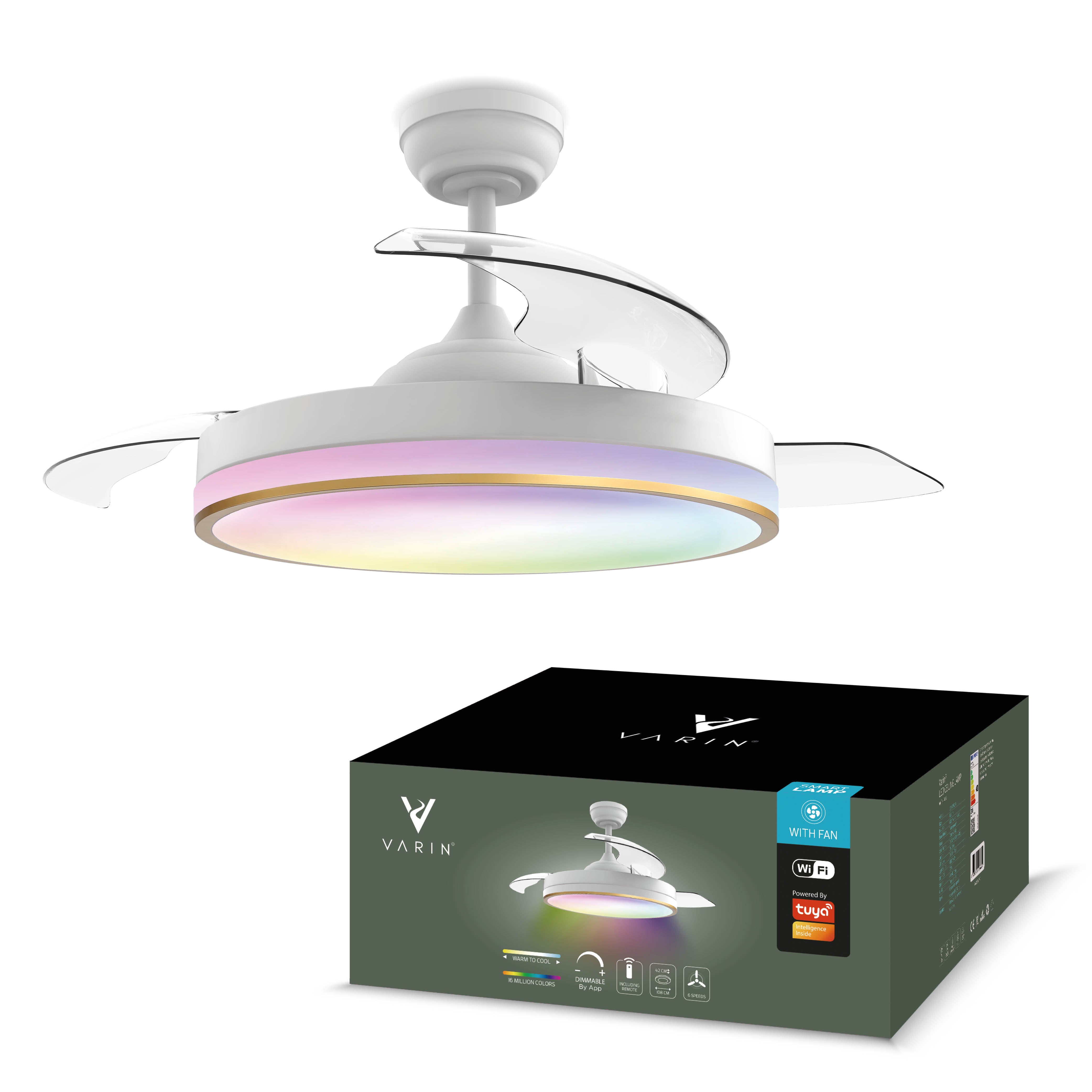 Plafondlamp met uitklapbare ventilator - Wit/Goud - 108cm - WiFi