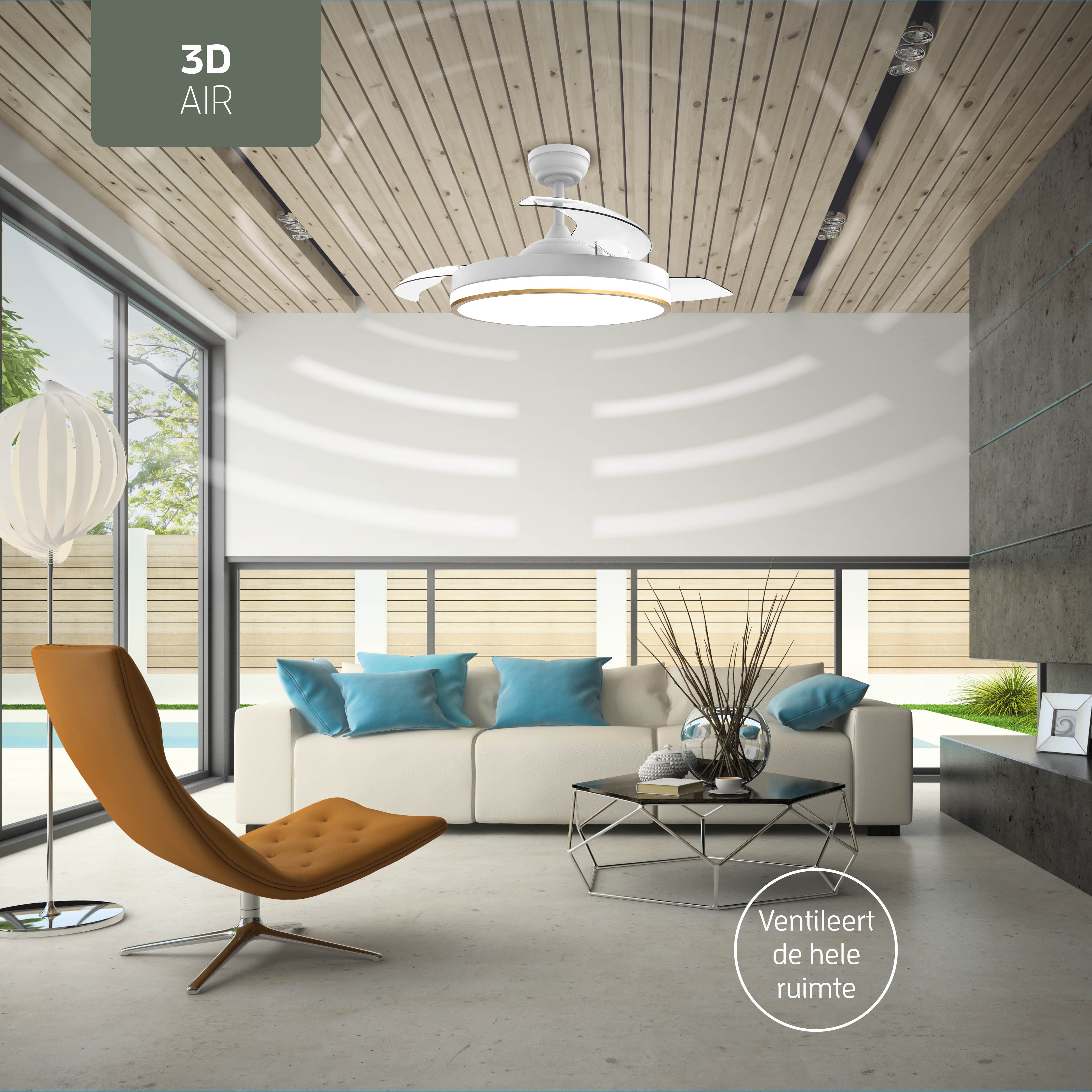 Plafondlamp met uitklapbare ventilator - Wit/Goud - 108cm - WiFi