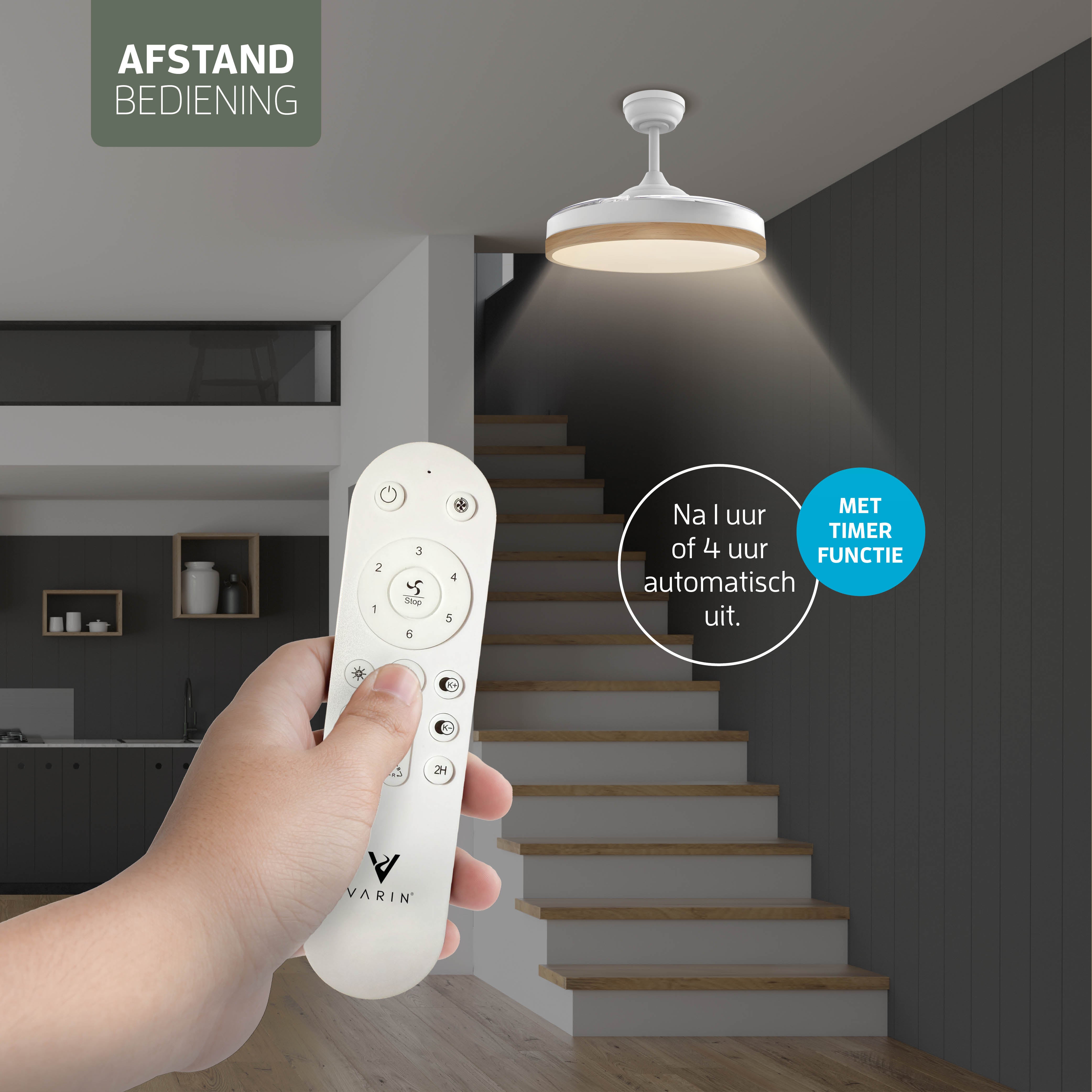 Plafondlamp met uitklapbare ventilator - Wit/Lichthout - 108cm - WiFi