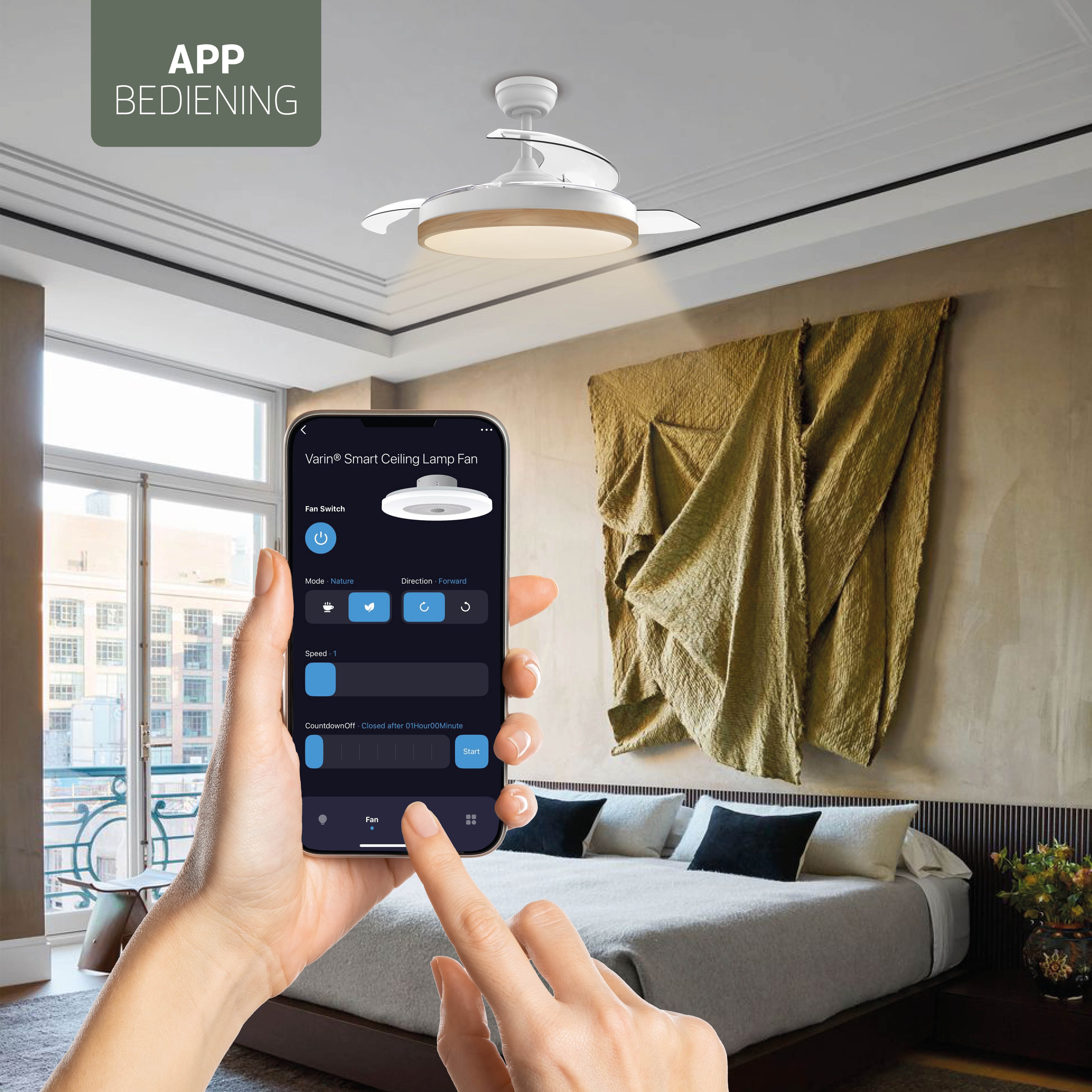 Plafondlamp met uitklapbare ventilator - Wit/Lichthout - 108cm - WiFi