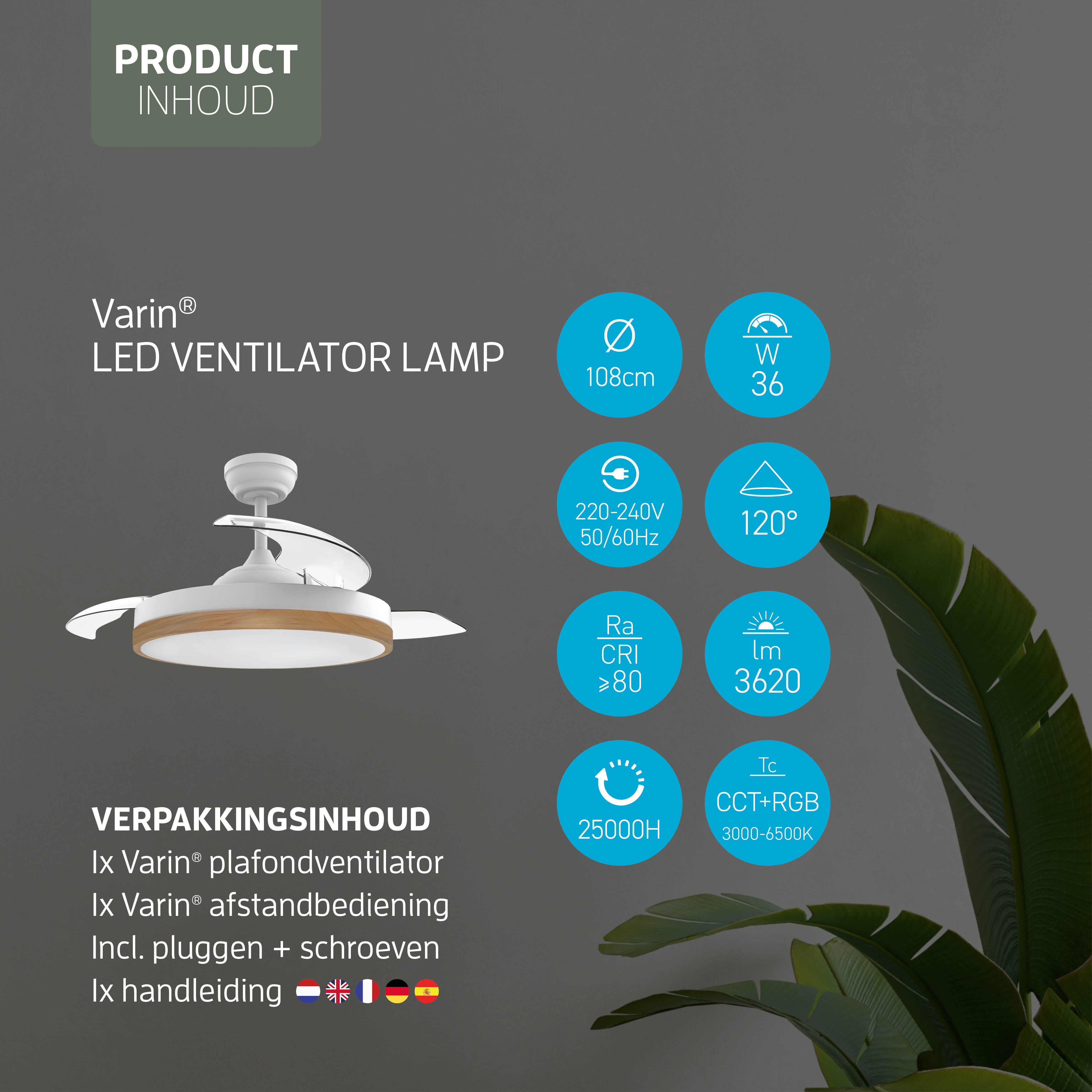 Plafondlamp met uitklapbare ventilator - Wit/Lichthout - 108cm - WiFi