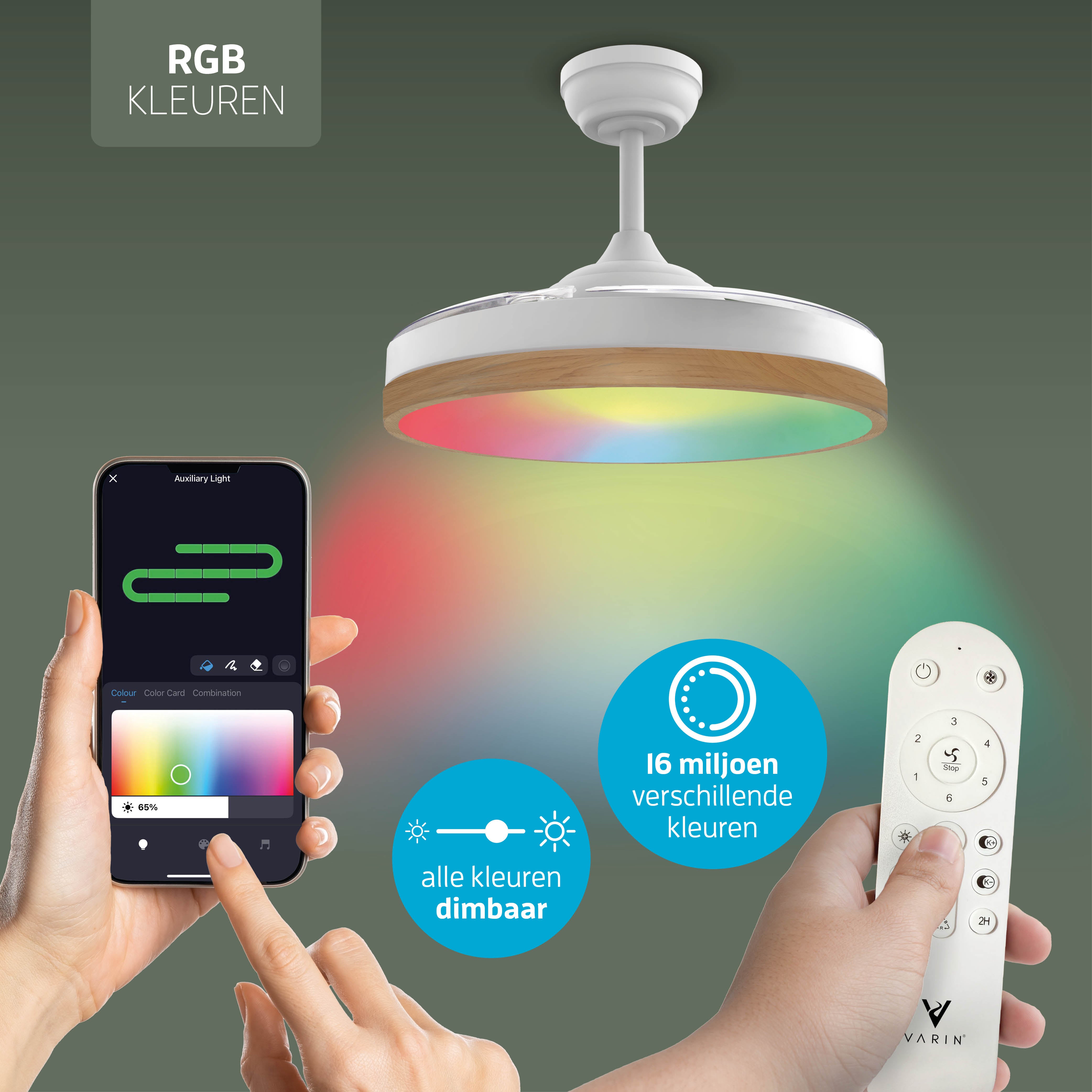 Plafondlamp met uitklapbare ventilator - Wit/Lichthout - 108cm - WiFi