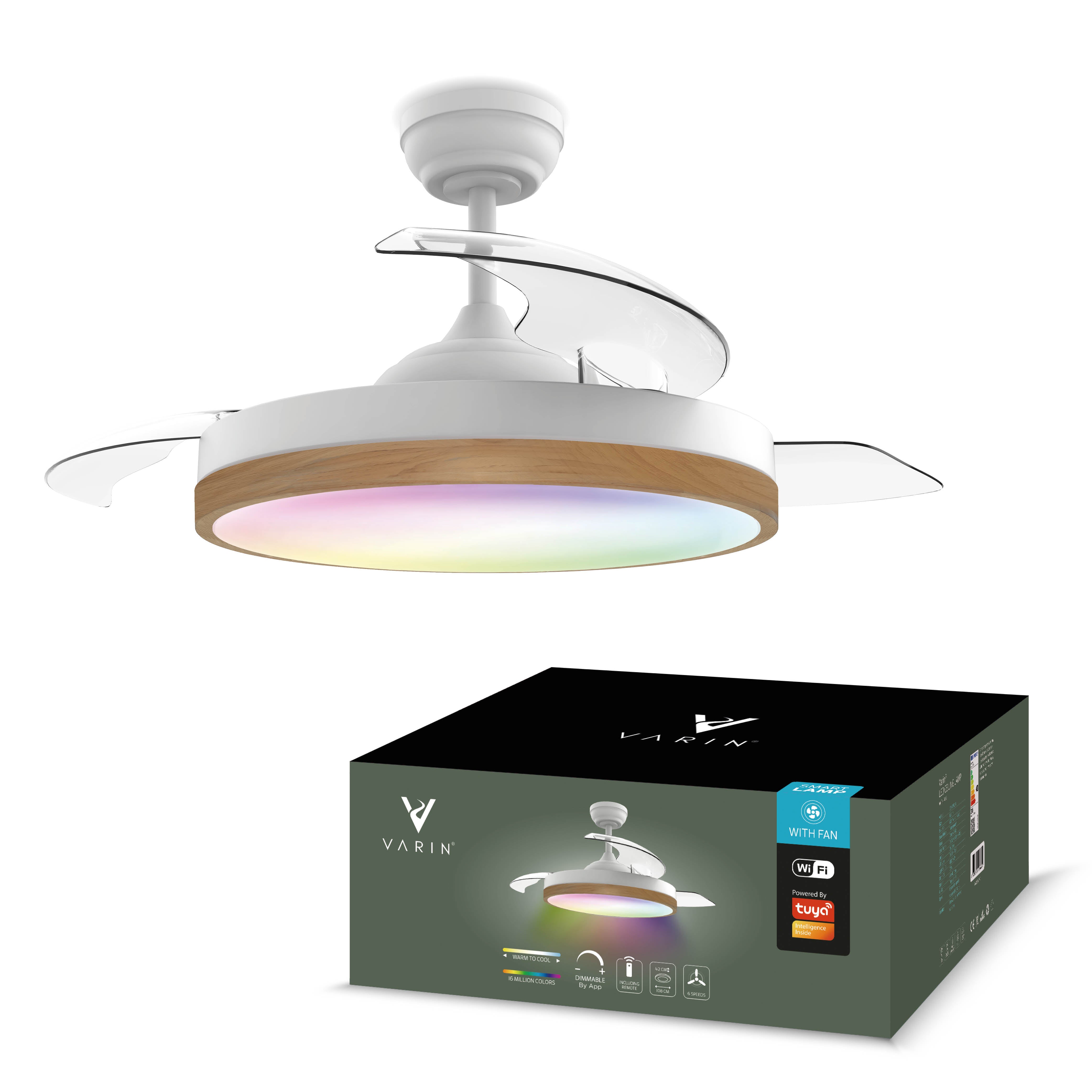 Plafondlamp met uitklapbare ventilator - Wit/Lichthout - 108cm - WiFi
