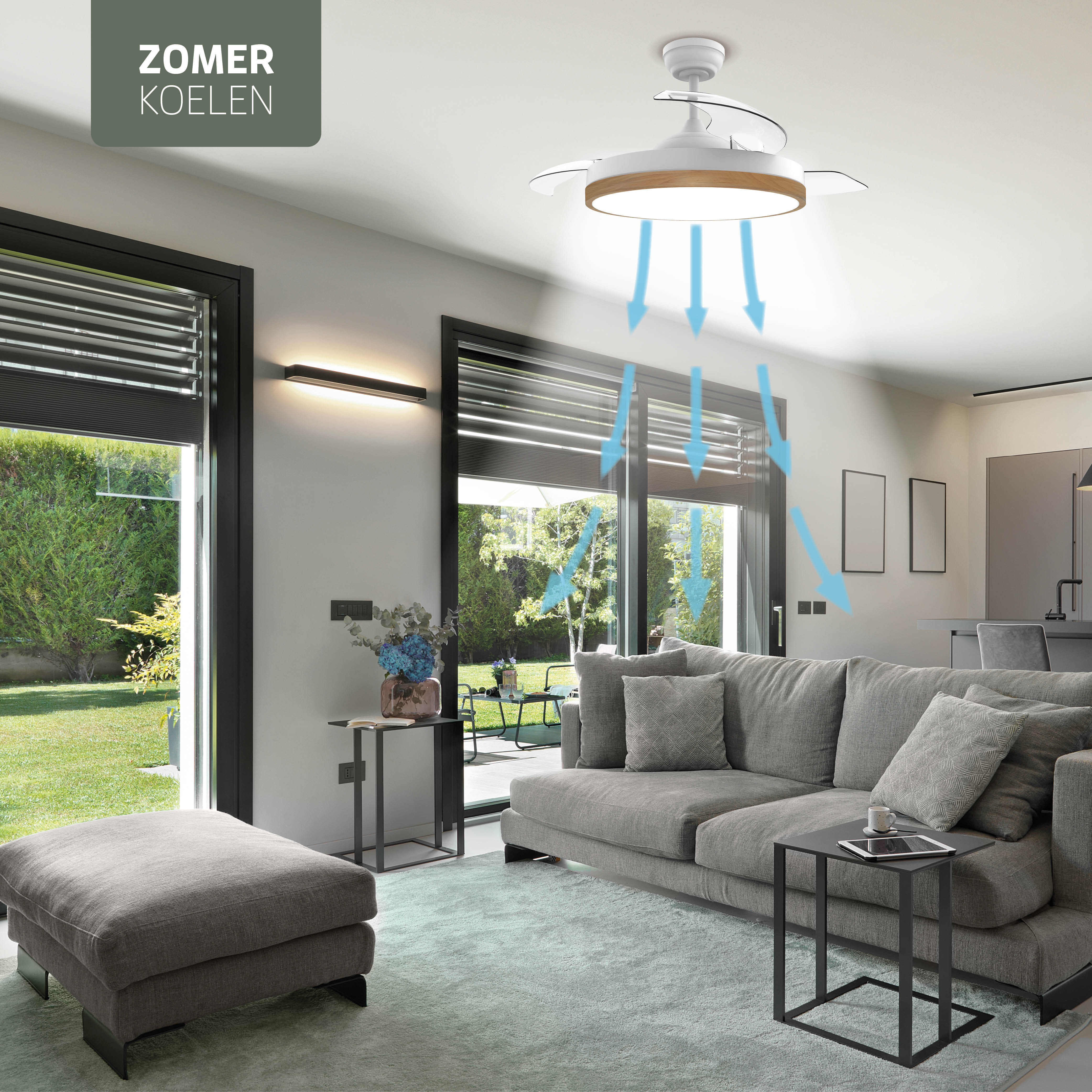 Plafondlamp met uitklapbare ventilator - Wit/Lichthout - 108cm - WiFi