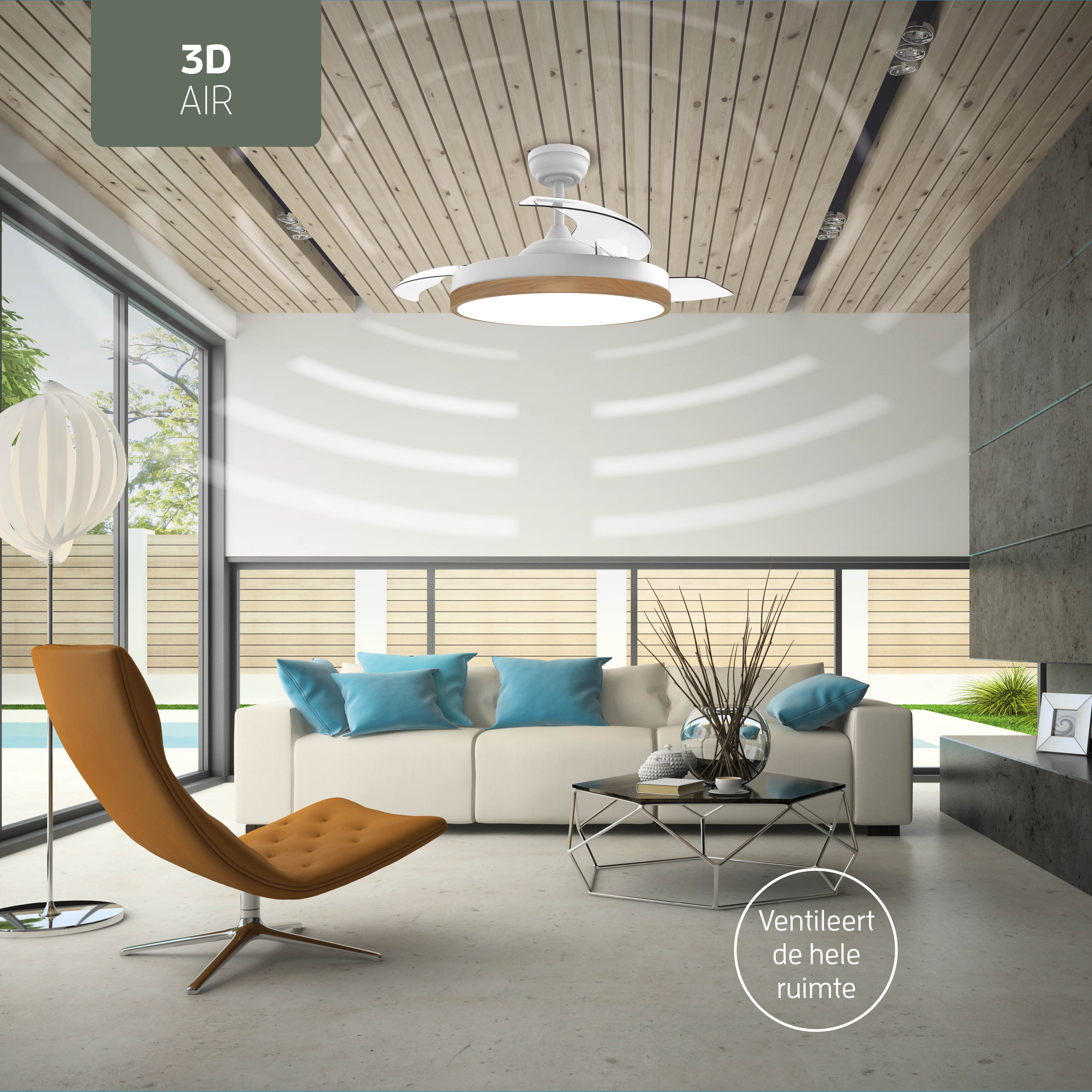 Plafondlamp met uitklapbare ventilator - Wit/Lichthout - 108cm - WiFi