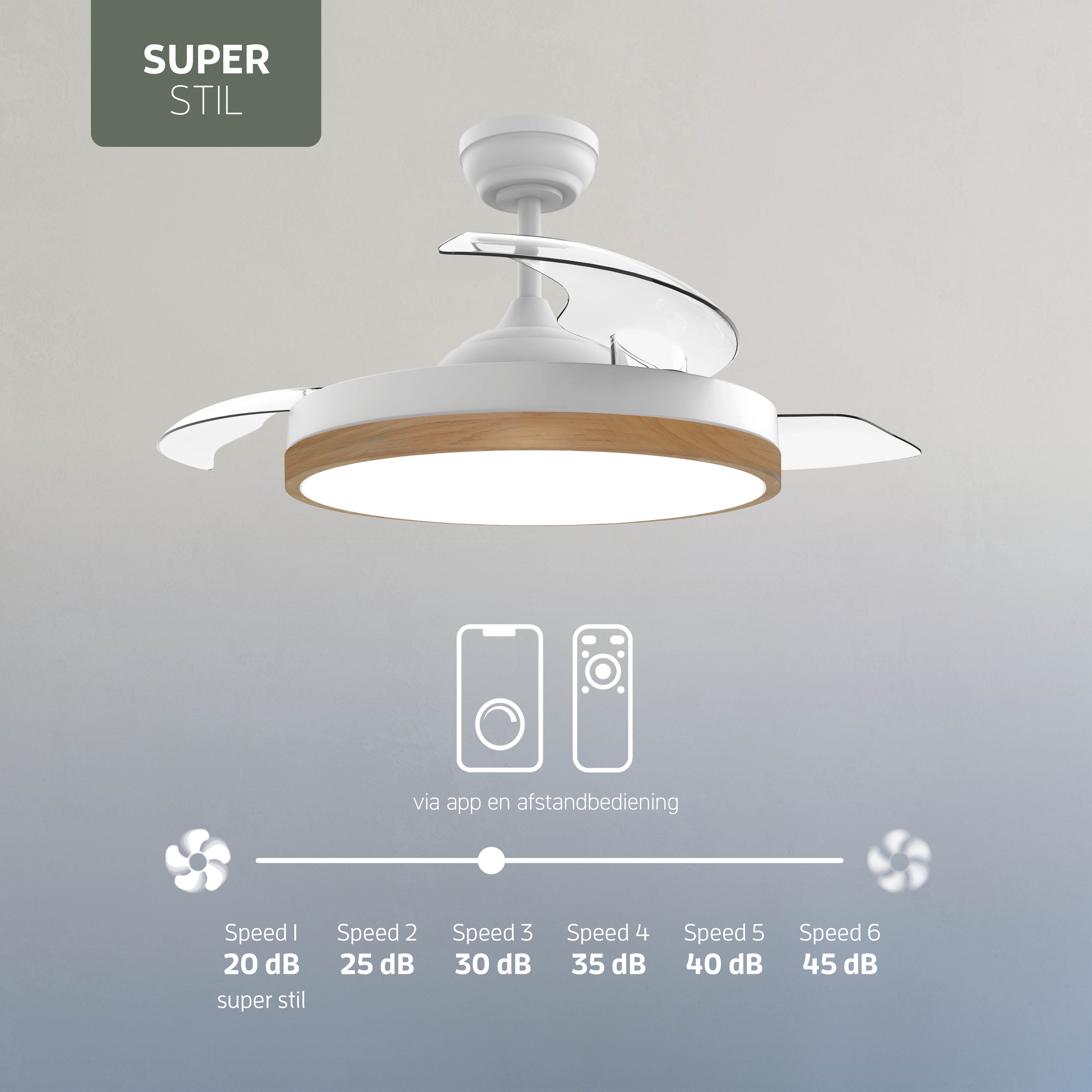 Plafondlamp met uitklapbare ventilator - Wit/Lichthout - 108cm - WiFi