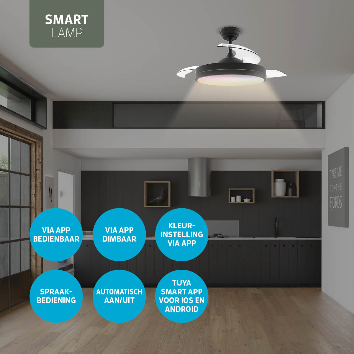 Plafondlamp met uitklapbare ventilator - Zwart - 108cm - WiFi