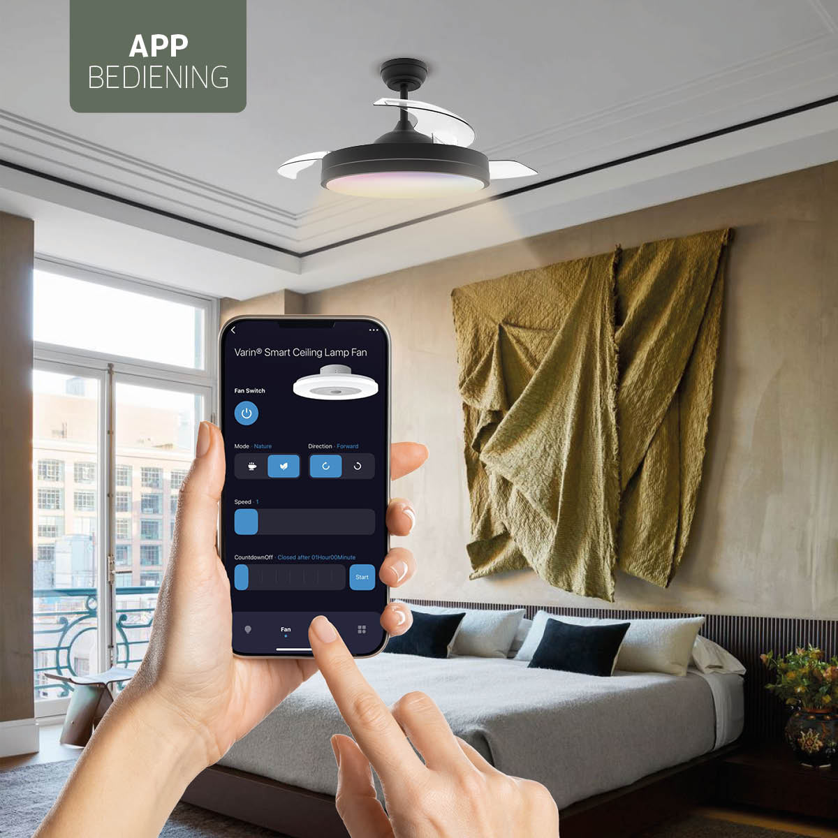 Plafondlamp met uitklapbare ventilator - Zwart - 108cm - WiFi