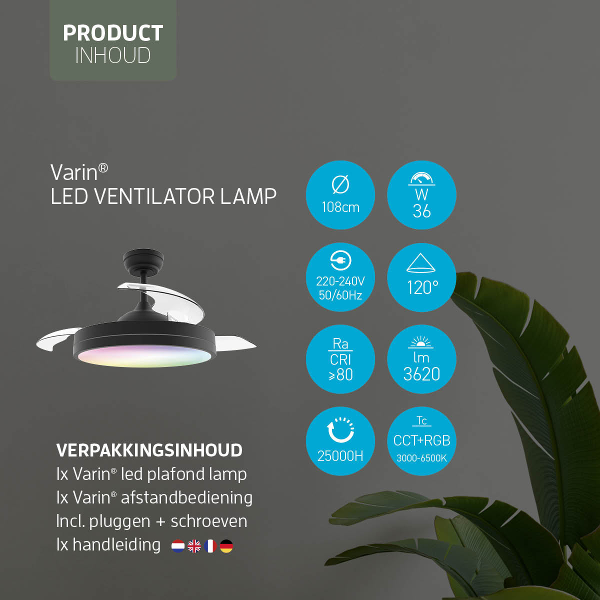 Plafondlamp met uitklapbare ventilator - Zwart - 108cm - WiFi