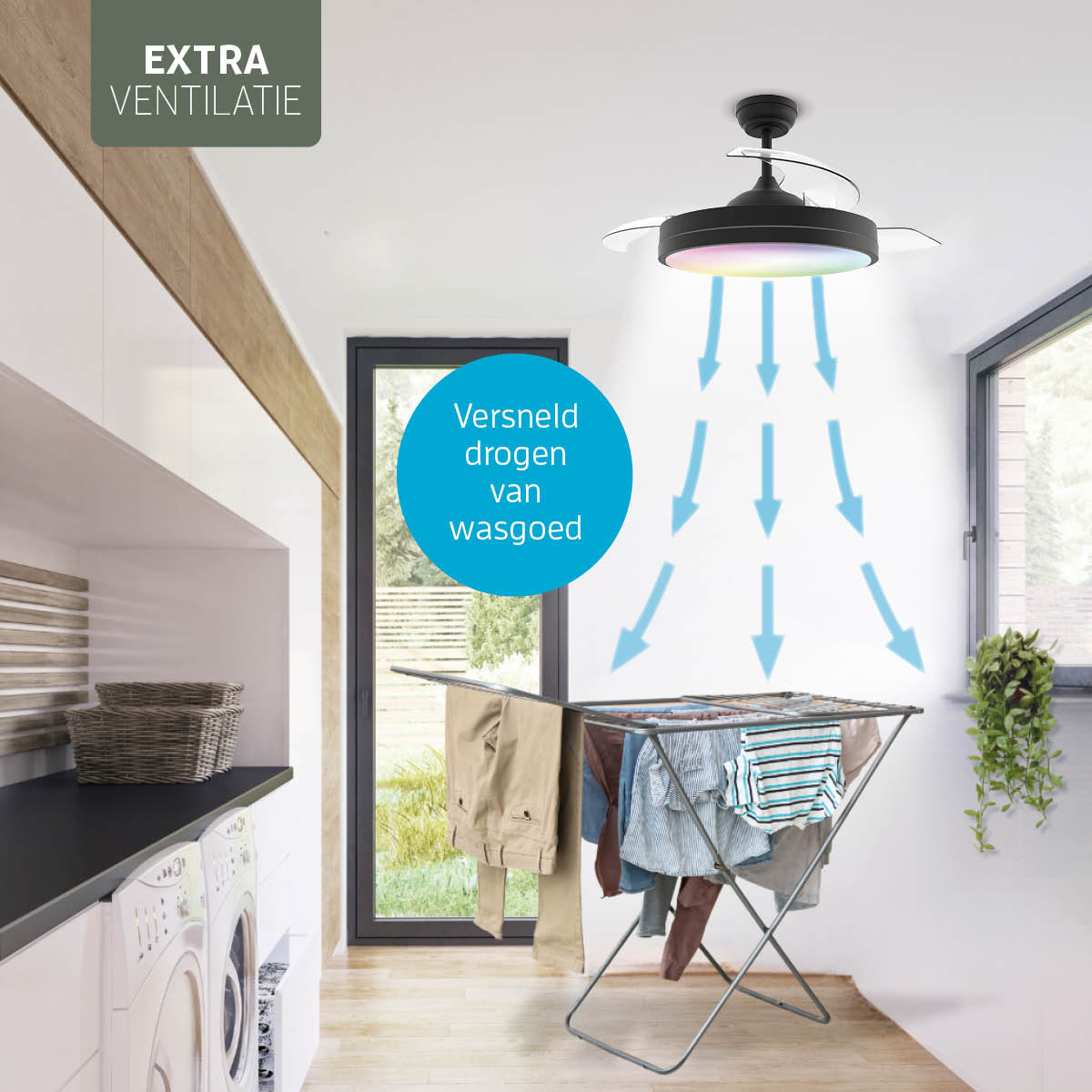 Plafondlamp met uitklapbare ventilator - Zwart - 108cm - WiFi