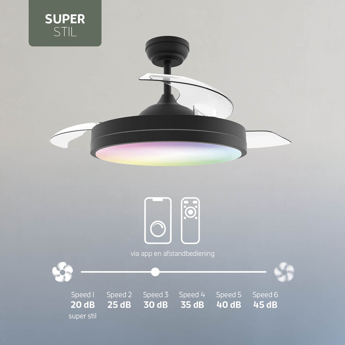 Plafondlamp met uitklapbare ventilator - Zwart - 108cm - WiFi