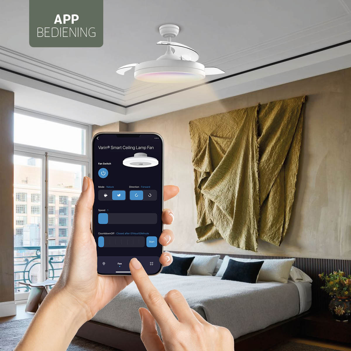 Smart Plafondlamp met uitklapbare Ventilator - Wit - 108cm - WiFi