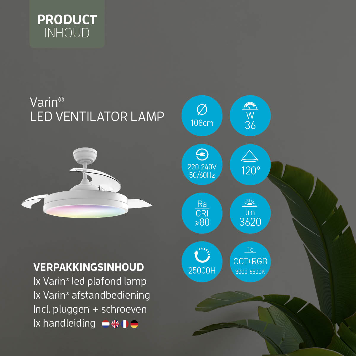 Smart Plafondlamp met uitklapbare Ventilator - Wit - 108cm - WiFi