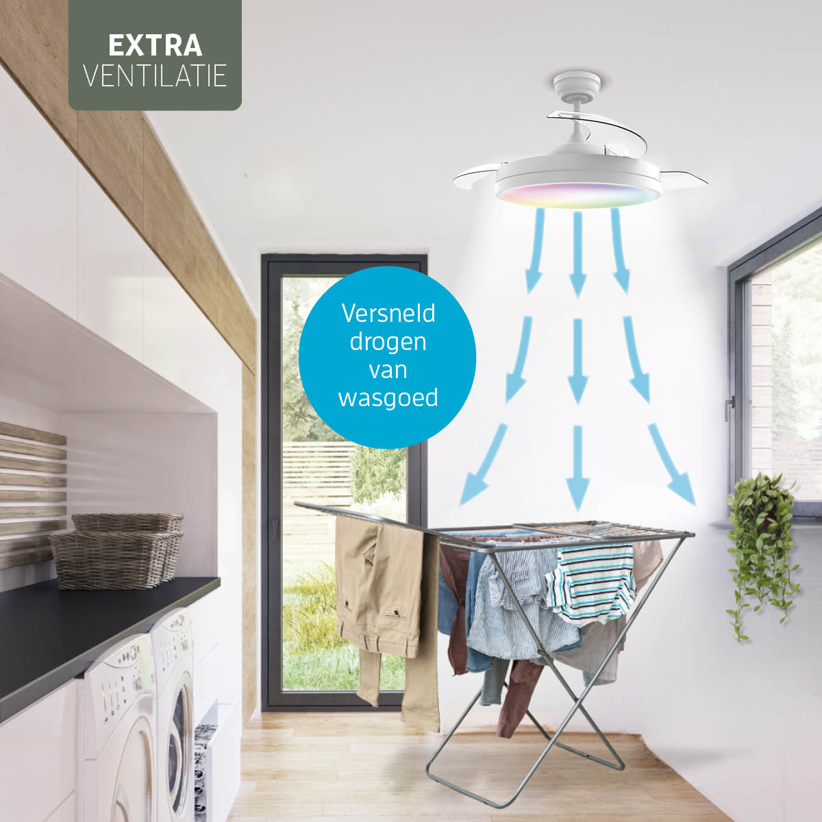 Smart Plafondlamp met uitklapbare Ventilator - Wit - 108cm - WiFi