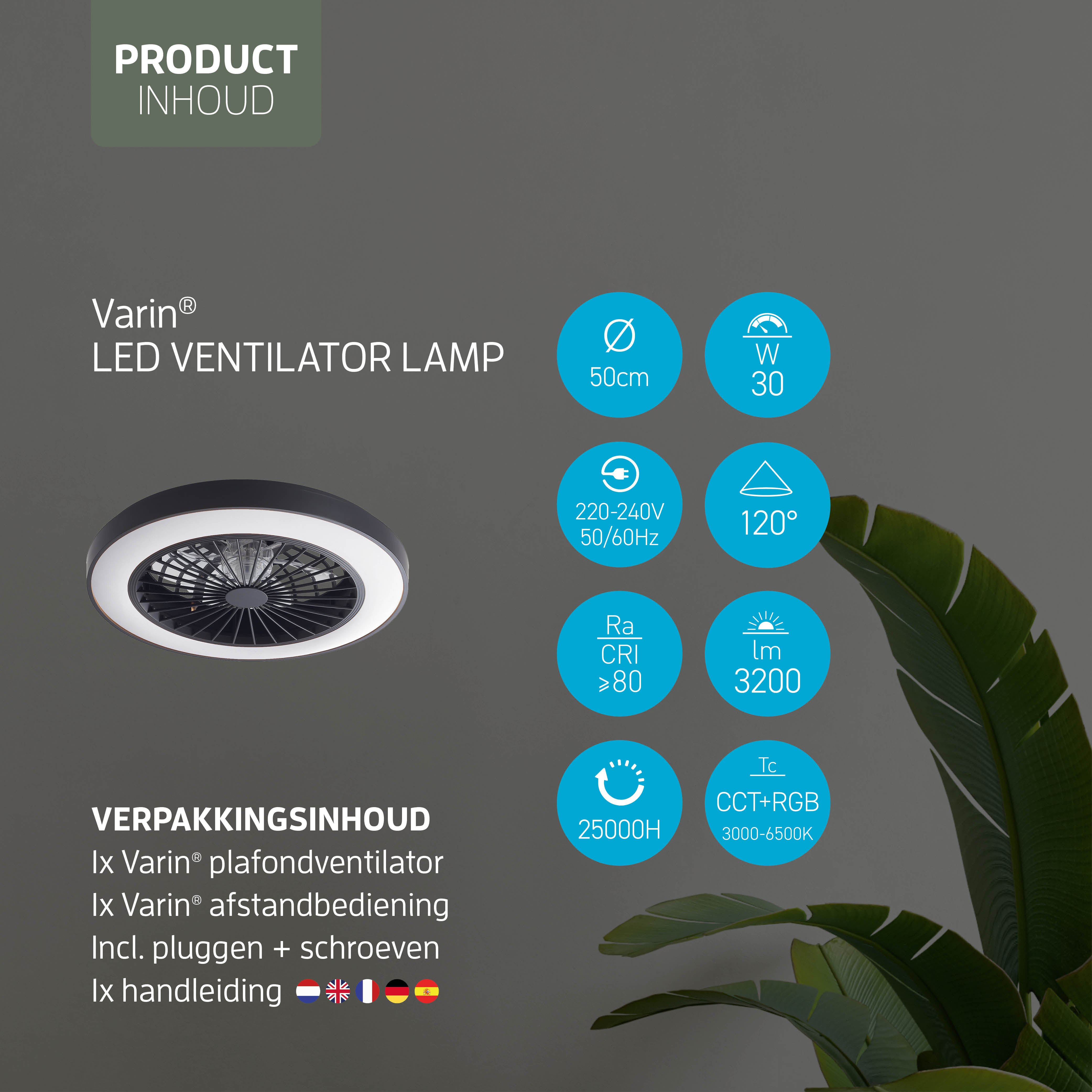 Varin Smart Wifi LED Plafondlamp met ventilator RGBW (CCT) - 50 cm - Tuya - zwart