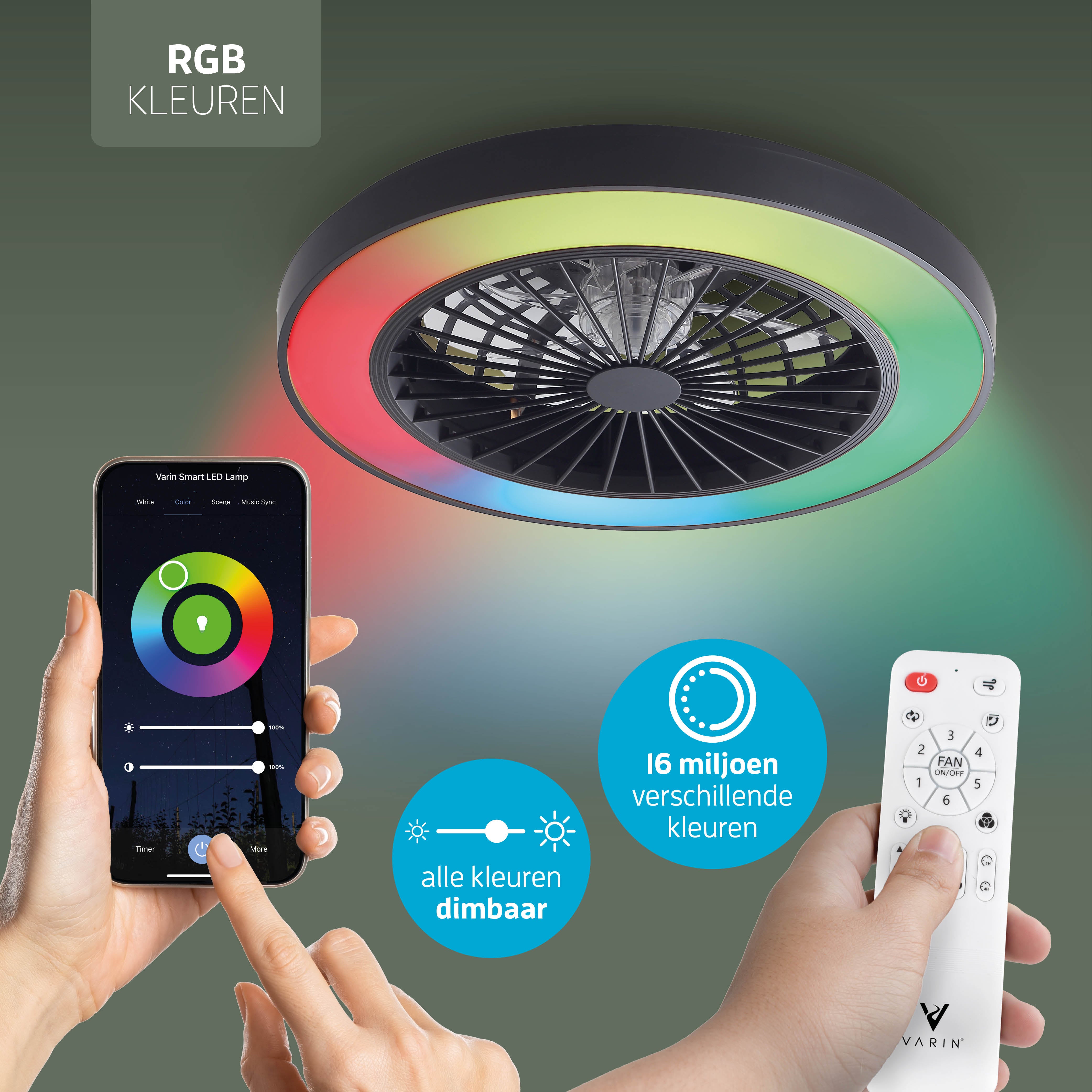 Varin Smart Wifi LED Plafondlamp met ventilator RGBW (CCT) - 50 cm - Tuya - zwart