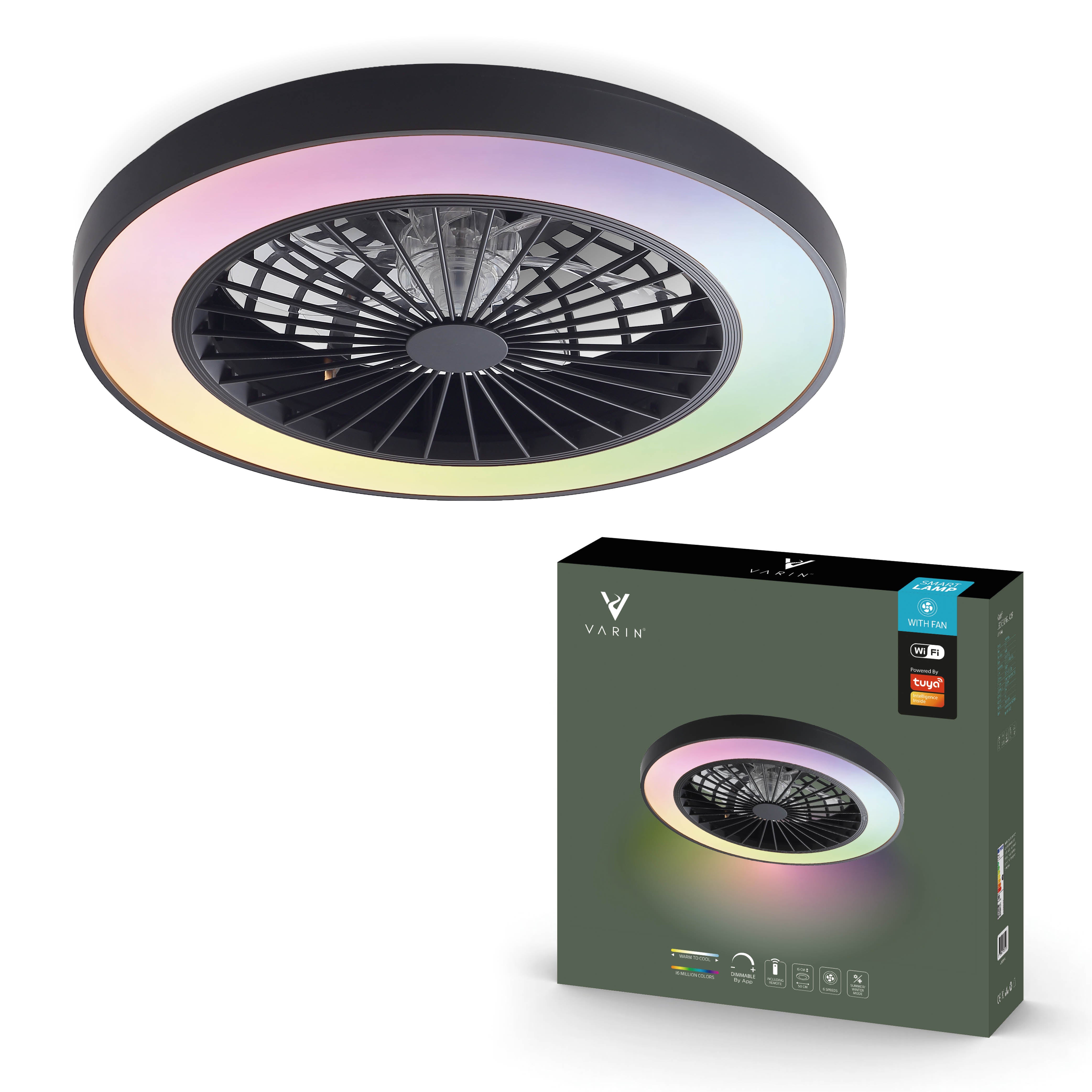 Varin Smart Wifi LED Plafondlamp met ventilator RGBW (CCT) - 50 cm - Tuya - zwart