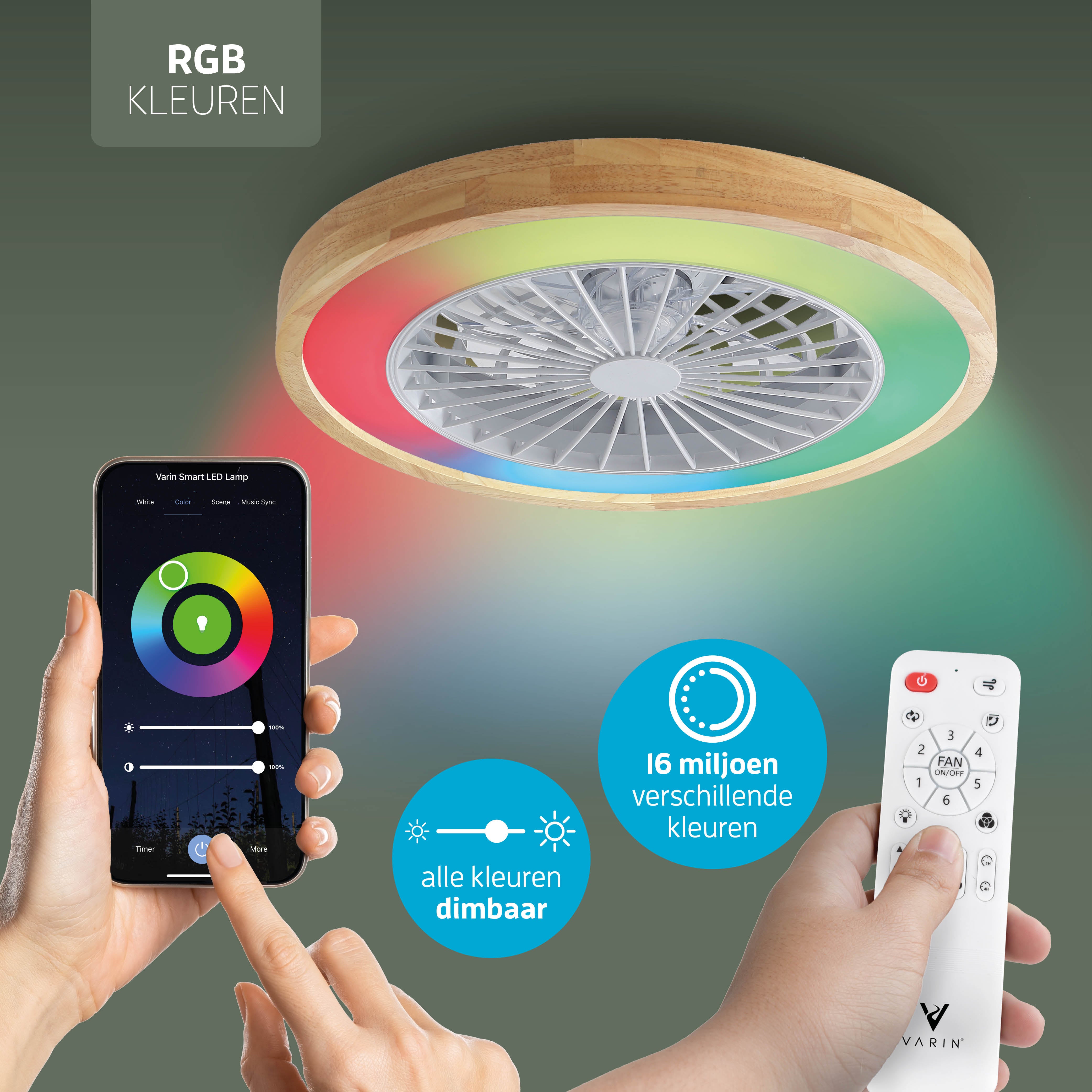 Varin Smart Wifi LED Plafondlamp met ventilator RGBW (CCT) - 50 cm - Tuya - lichthout