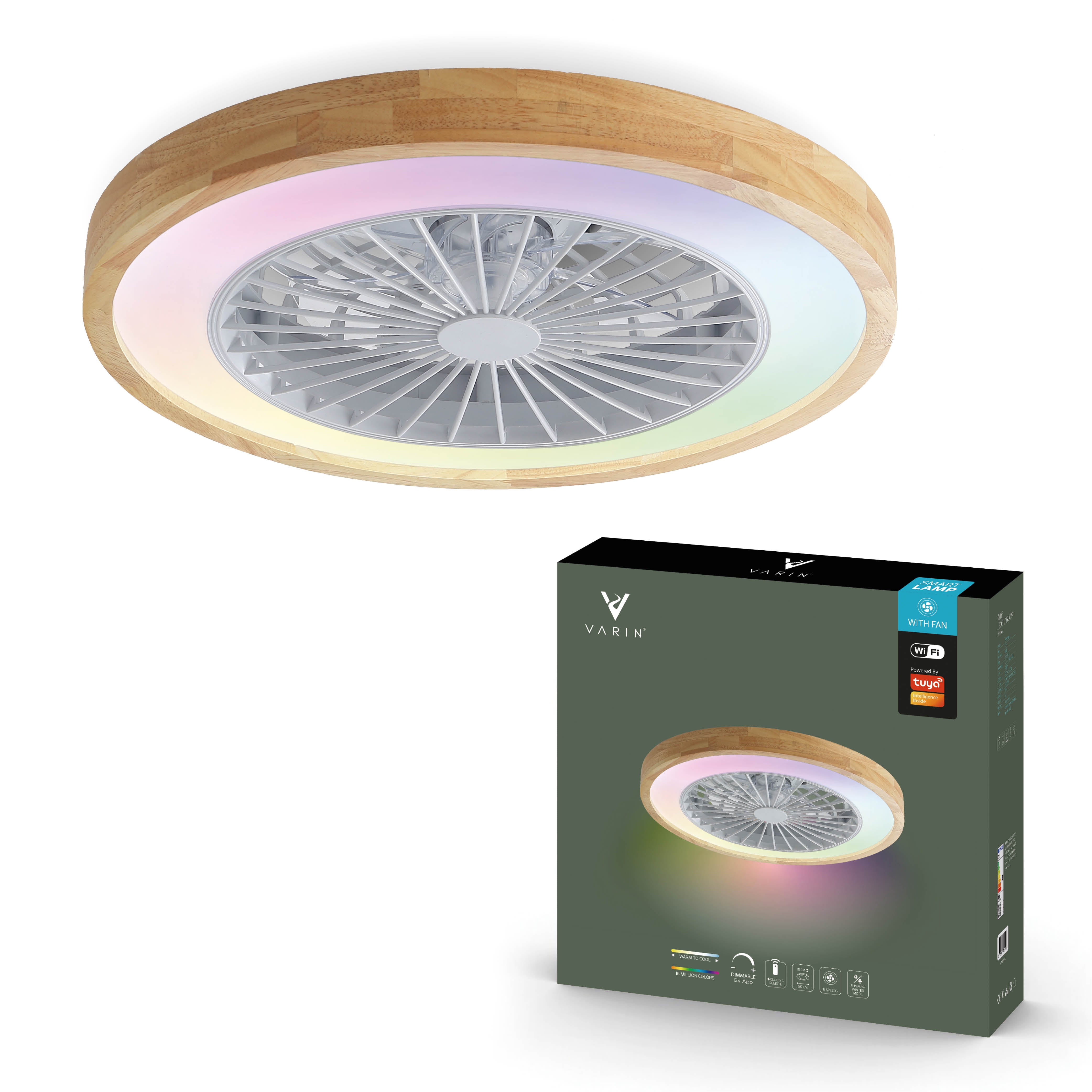 Varin Smart Wifi LED Plafondlamp met ventilator RGBW (CCT) - 50 cm - Tuya - lichthout