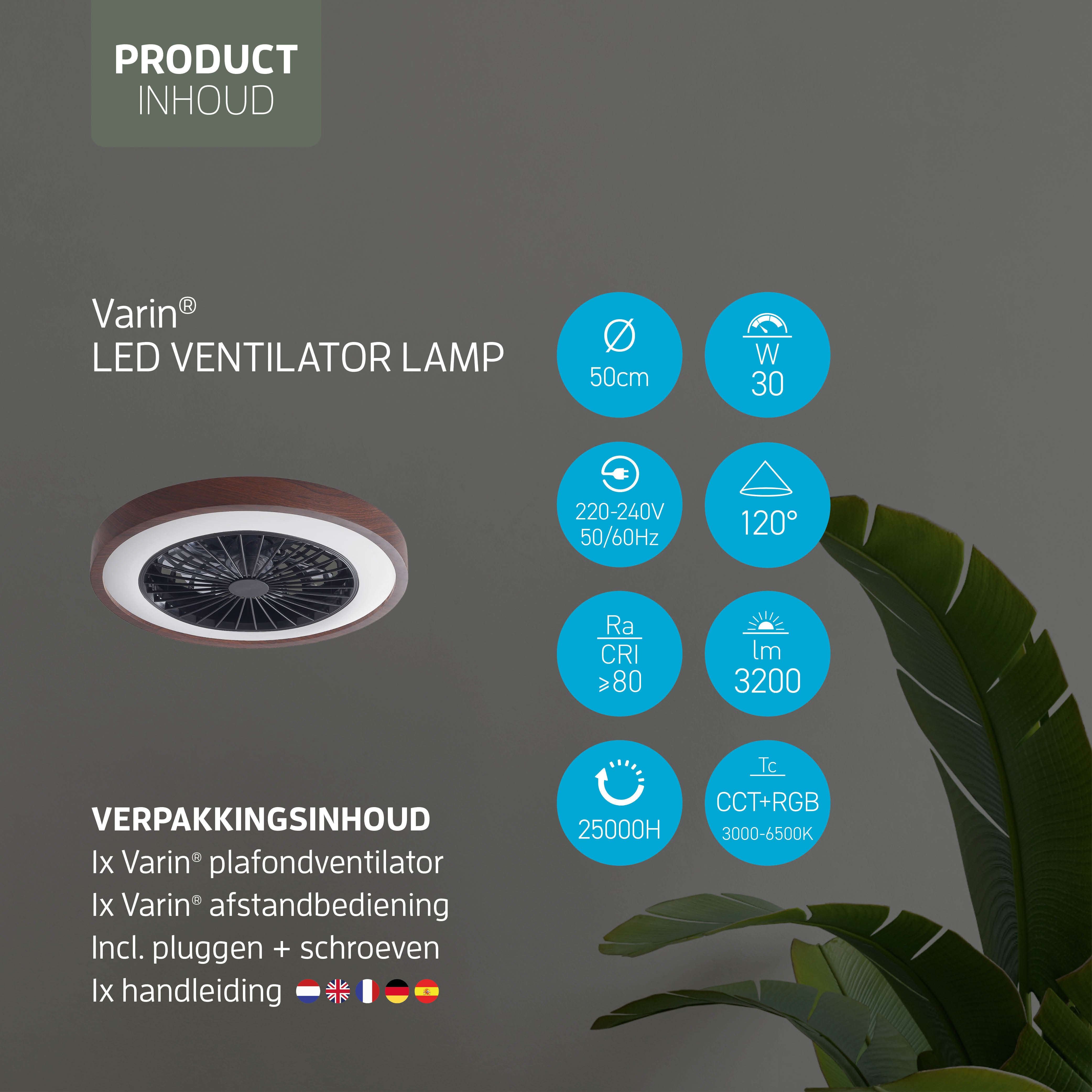 Varin Smart Wifi LED Plafondlamp met ventilator RGBW (CCT) - 50 cm - Tuya - Walnoot
