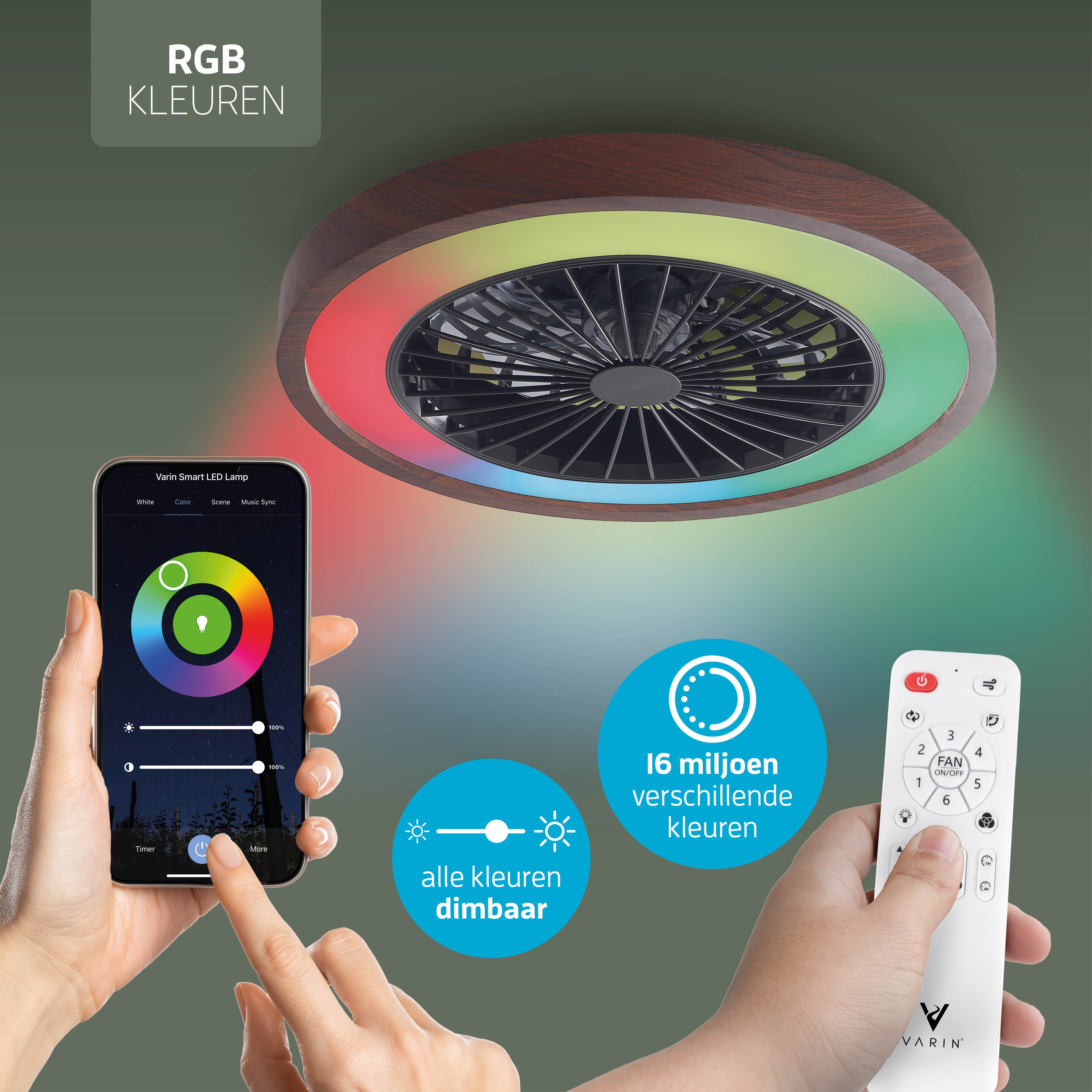 Varin Smart Wifi LED Plafondlamp met ventilator RGBW (CCT) - 50 cm - Tuya - Walnoot