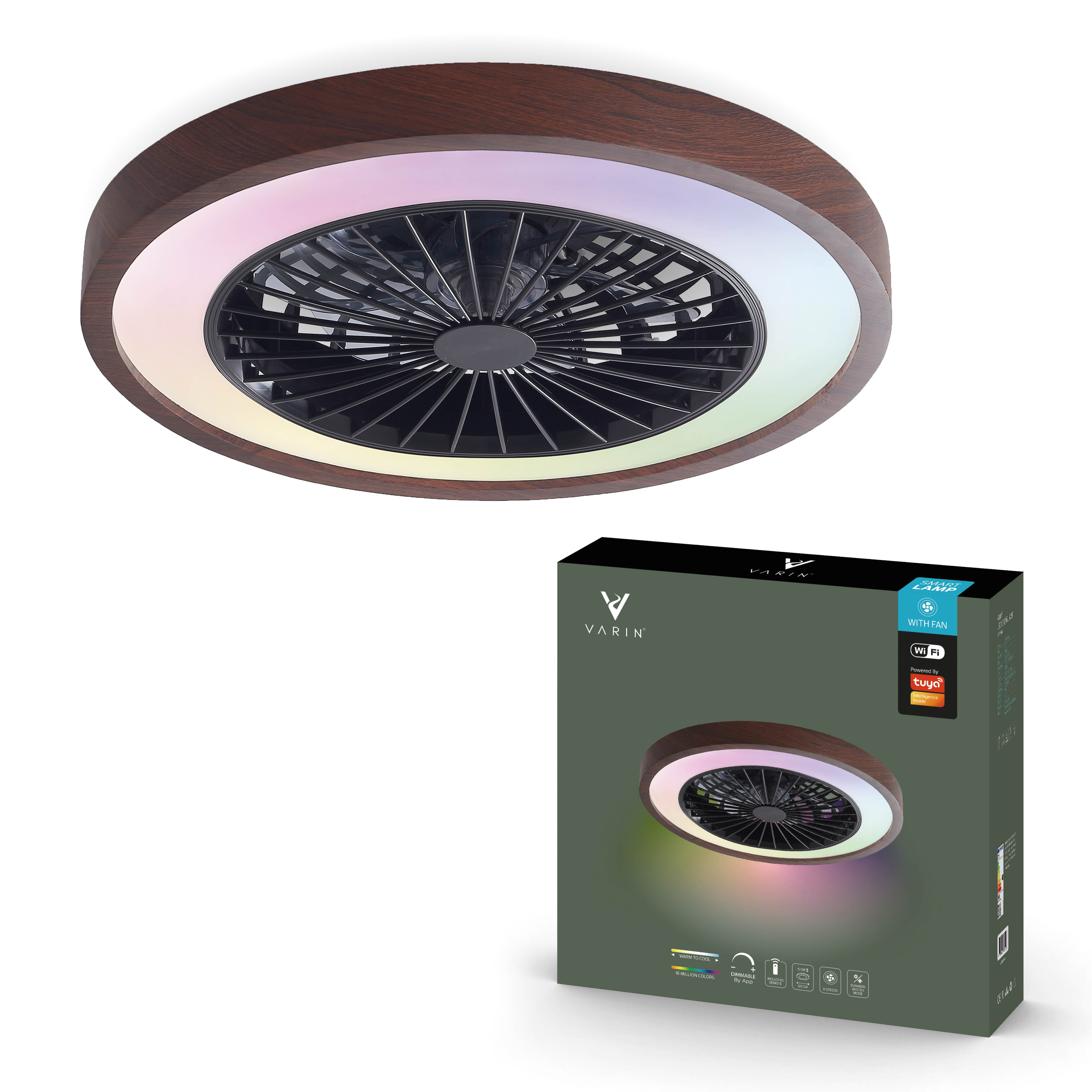 Varin Smart Wifi LED Plafondlamp met ventilator RGBW (CCT) - 50 cm - Tuya - Walnoot