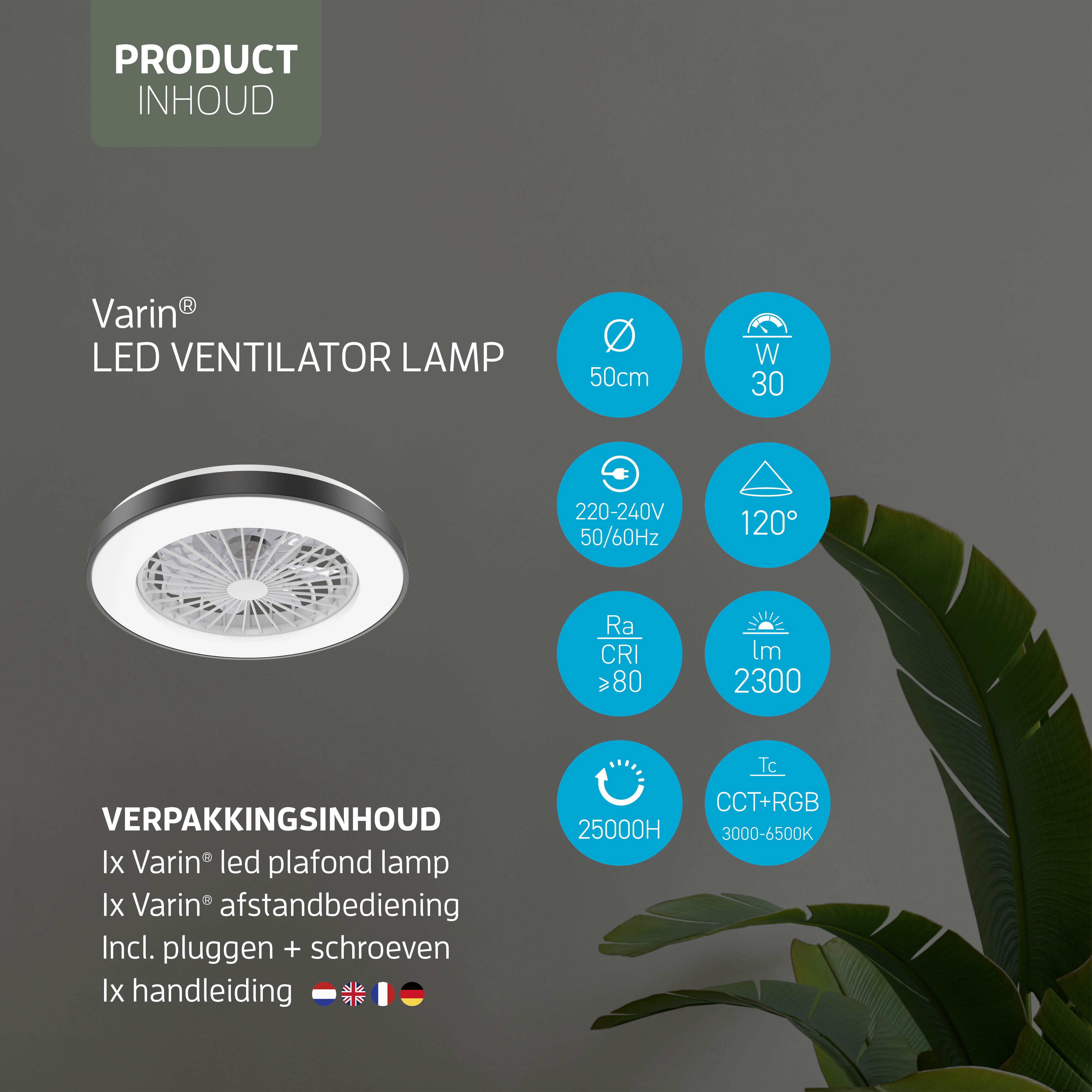 Varin Smart Wifi LED Plafondlamp met ventilator RGB + CCT - 50 cm - Tuya - Zwart